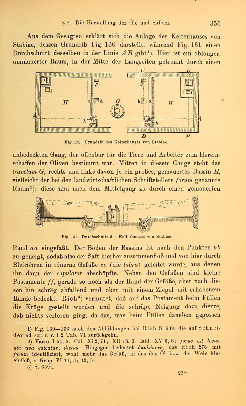 Aus dem Gesagten erklärt sich die Anlage des Kelterhauses von Stabiae, dessen Grundriß Fig. 130 darstellt, während Fig. 131 einen Durchschnitt desselben in der Linie AB gibt1). Hier ist ein oblonger, ummauerter Raum, in der Mitte der Langseiten getrennt durch einen C Jl Fig. 130. Grundriß des Kelterhauses von Stabiae. unbedeckten Gang, der offenbar für die Tiere und Arbeiter zum Herein- schaffen der Oliven bestimmt war. Mitten in diesem Gange steht das trapetum G, rechts und links davon je ein großes, gemauertes Bassin H, vielleicht der bei den landwirtschaftlichen Schriftstellern forum genannte Raum2); diese sind nach dem Mittelgang zu durch einen gemauerten i*r ' l|i# Fig. 131. Durchschnitt des Kelterhauses von Stabiae. Rand aa eingefaßt. Der Boden der Bassins ist nach den Punkten bb zu geneigt, sodaß also der Saft hierher zusammenfloß und von hier durch Bleiröhren in tönerne Gefäße cc (die labra) geleitet wurde, aus denen ihn dann der capulator abschöpfte. Neben den Gefäßen sind kleine Postamente ff, gerade so hoch als der Rand der Gefäße, aber nach die- sen hin schräg abfallend und oben mit einem Ziegel mit erhabenem Rande bedeckt. Rieh3) vermutet, daß auf das Postament beim Füllen die Krüge gestellt wurden und die schräge Neigung dazu diente, daß nichts verloren ging, da das, was beim Füllen daneben gegossen 1) Fig. 130—133 nach den Abbildungen bei Rieh S. 639, die auf Schnei- der ad scr. r. r. I 2 Tab. VI zurückgehn. 2) Varro I 54, 2. Col. XI2, 71; XII 18, 3. Isid. XV 6, 8: forus est locus, ubi uva calcatur, dictus. Hingegen bedeutet vnoXrjviov, das Rieh 278 mit forum identifiziert, wohl mehr das Gefäß, in das das Öl bzw. der Wein hin- einfloß, s. Geop. VI 11, 3; 13, 3. 3) S. 639 f. 23*
