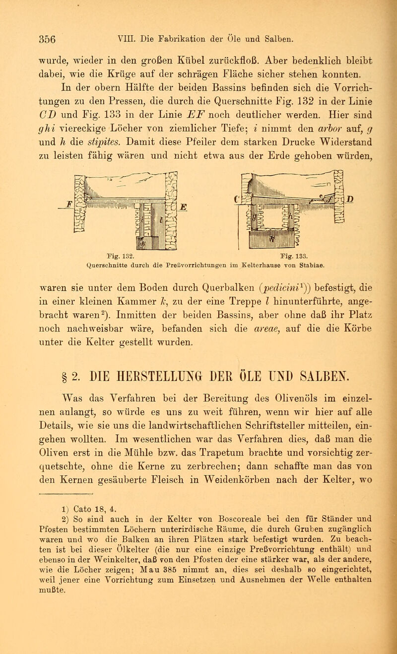 wurde, wieder in den großen Kübel zurückfloß. Aber bedenklich bleibt dabei, wie die Krüge auf der schrägen Fläche sicher stehen konnten. In der obern Hälfte der beiden Bassins befinden sich die Vorrich- tungen zu den Pressen, die durch die Querschnitte Fig. 132 in der Linie CD und Fig. 133 in der Linie EF noch deutlicher werden. Hier sind ghi viereckige Löcher von ziemlicher Tiefe; i nimmt den arhor auf, g und h die stipites. Damit diese Pfeiler dem starken Drucke Widerstand zu leisten fähig wären und nicht etwa aus der Erde gehoben würden, Fig. 132. Fig. 133. Querschnitte durch die Preßvorrichtungen im Kelterhause von Stabiae. waren sie unter dem Boden durch Querbalken (pedicini1)) befestigt, die in einer kleinen Kammer #, zu der eine Treppe l hinunterführte, ange- bracht waren2). Inmitten der beiden Bassins, aber ohne daß ihr Platz noch nachweisbar wäre, befanden sich die areae, auf die die Körbe unter die Kelter gestellt wurden. § 2. DIE HERSTELLUNG DER ÖLE UND SALBEN. Was das Verfahren bei der Bereitung des Olivenöls im einzel- nen anlangt, so würde es uns zu weit führen, wenn wir hier auf alle Details, wie sie uns die landwirtschaftlichen Schriftsteller mitteilen, ein- gehen wollten. Im wesentlichen war das Verfahren dies, daß man die Oliven erst in die Mühle bzw. das Trapetum brachte und vorsichtig zer- quetschte, ohne die Kerne zu zerbrechen; dann schaffte man das von den Kernen gesäuberte Fleisch in Weidenkörben nach der Kelter, wo 1) Cato 18, 4. 2) So sind auch, in der Kelter von Boscoreale bei den für Ständer und Pfosten bestimmten Löchern unterirdische Räume, die durch Gruben zugänglich waren und wo die Balken an ihren Plätzen stark befestigt wurden. Zu beach- ten ist bei dieser Ölkelter (die nur eine einzige Preßvorrichtung enthält) und ebenso in der Weinkelter, daß yon den Pfosten der eine stärker war, als der andere, wie die Löcher zeigen; Mau 385 nimmt an, dies sei deshalb so eingerichtet, weil jener eine Vorrichtung zum Einsetzen und Ausnehmen der Welle enthalten mußte.