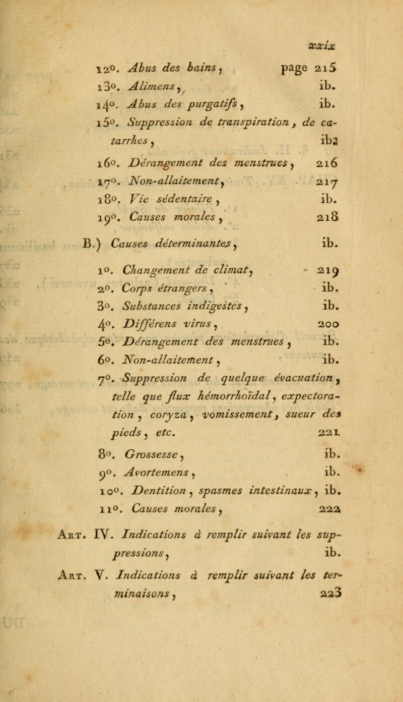 12°. Abus des bains 7 Page 2*5 l3°. Alimens y ib. i4°. -^£tfs des purgatifs y ib. i5°. Suppression de transpiration , de ca- tarrhes y iba i6°. Dérangement des menstrues } 216 170. Non-allaitementy 2.1 <j 18°. Vie sédentaire , ib. îpo. Causes morales , 218 B.) Causes déterminantes, ib. 10. Changement de climaty 219 2°. Corps étrangers , ib. 3°. Substances indigestes ? ib. 4°. Différens virus, 200 5°. Dérangement des menstrues , ib. 6°. Non-allaitement, ib. 70. Suppression de quelque évacuation, /e//e que flux hémorrhoïdal, expectora- tion 7 coryza y vomissement, sueur des pieds y etc. 221 8°. Grossessey ib. 0°. Avortemens, ib. io°. Dentition , spasmes intestinaux y ib, 11°. Causes morales y 22a Art. IV. Indications à remplir suivant les sup- pressions y ib. Art. V. Indications à remplir suivant les ter- minaisons , 2a3