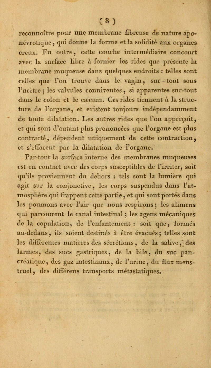 reconnoître pour une membrane fibreuse de nature apo névrotique , qui donne la forme et la solidité aux organes creux. En outre , cette couche intermédiaire concourt avec la surface libre à former les rides que présente la membrane muqueuse dans quelques endroits : telles sont celles que Ton trouve dans le vagin, sur - tout sous l'urètre : les valvules conniventes, si apparentes sur-tout dans le colon et le caecum. Ces rides tiennent à la struc- ture de l'organe, et existent toujours indépendamment de toute dilatation. Les antres rides que l'on apperçoit, et qui sont d'autant plus prononcées que l'organe est plus contracté, dépendent uniquement de cette contraction, et s'effacent par la dilatation de l'organe. Par-tout la surface interne des membranes muqueuses est en contact avec des corps susceptibles de l'irriter, soit qu'ils proviennent du dehors : tels sont la lumière qui agit sur la conjonctive, les corps suspendus dans l'at- mosphère qui frappent cette partie, et qui sont portés dans les poumons avec l'air que nous respirons 5 les alimens qui parcourent le canal intestinal ; les agens mécaniques de la copulation, de l'enfantement : soit que, formés au-dedans, ils soient destinés à être évacués: telles sont les différentes matières des sécrétions, de la salive , des larmes, des sucs gastriques, de la bile, du suc pan- créatique, des gaz intestinaux, de l'urine, du flux mens- truel , des différens transports métastatiques.