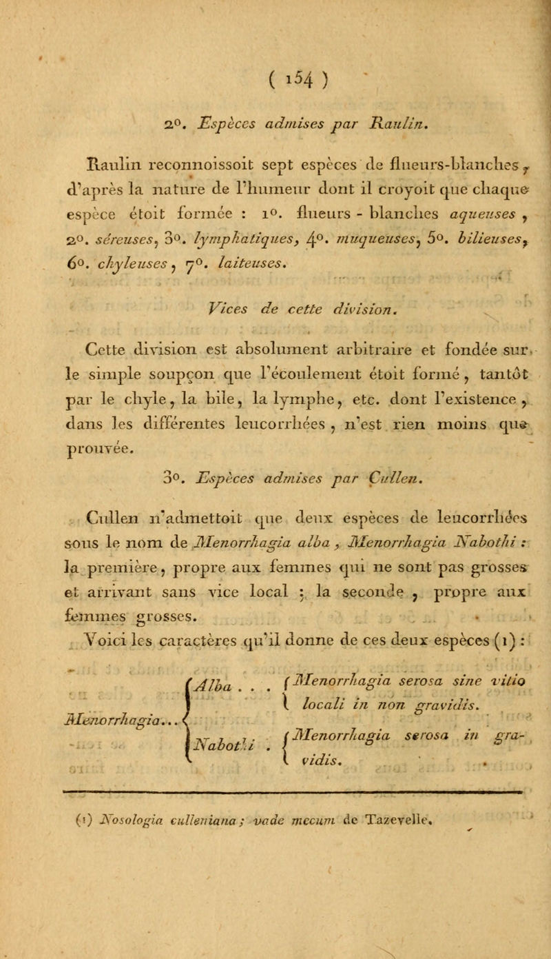 2°. Espèces admises par JR.au/in. Raulin reconnoissoit sept espèces de flueurs-blaiiclies 7 d'après la nature de Fnumeur dont il croyoit que chaque espèce étoit formée : i°. flueurs - blanclies aqueuses > 2°. séreuses^ 3°. lymphatiques, 4°* muqueuses^ 5°. bilieuses^ 6°. chyleuses ? ^°. laiteuses. Vices de cette division. Cette division est absolument arbitraire et fondée sur- le simple soupçon que fecoulemeiit étoit formé ? tantôt par le chyle, la bile, la lymphe ? etc. dont l'existence ? dans les différentes leucorrhées 7 n'est rien moins qu^ prouvée. 3°. Espèces admises par Çullen. Cullen ri'admettoit que deux espèces de leucorrhées SOUS le nom de JMenorrliagia alba , lilenorr/iagia Jsabotlii : la première, propre aux femmes qui ne sont pas grosses et arrivant sans vice local : la seconde ? propre aux femmes grosses. Voici les caractères qu'il donne de ces deux espèces (î) : Alba [JMenorrliagia serosa sine vilio \ locali in non gravidis. JMenorrliagia... ^ „ . . . (JMenorrliagia serosa in gra- ( vidis. (0 JSosologia cidleniana ; vade mecum de Tazevelie.