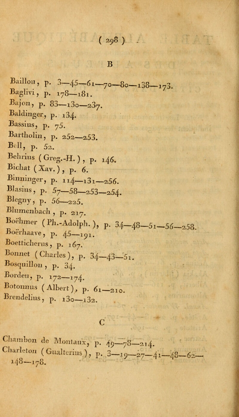 (*5>8) B Bâillon, p. 3^45-6i^o-8o^i3B-i7& Baglivi, p. 178—181. Bajon, p. 83—i3o—237. Baldinger, p. ^4. Bassius, p. 75. Bartholin, p. 252—253. Beflj p. 52. Behrius (Greg.-H.), p. 146. Bicliat (Xav.), p. 6. Binninger, p. 114—i3i—256. Blasius, p. 57—58—253—254. Blegny, p. 56—225. Blumenbach , p. 217. BoèW (Ph.-Adolph.), p. 34-48-5x-5(5-258. -Doerhaave , p. 45—1^lm Boetticlierus ? p. 167. Bonnet (Charles), p. 34-43-5i. Boscjuillon , p. 31. Bordeu, p. i72—1Tj^m Botonnus (Albert), p. 61—aïo. Brendelius, p. i3o—i3a. Chambon de Monlaux, p. ^0—78—214. Charleton ( Gualterius ) , p. 3-i0-27-41-48-62- 148—178.