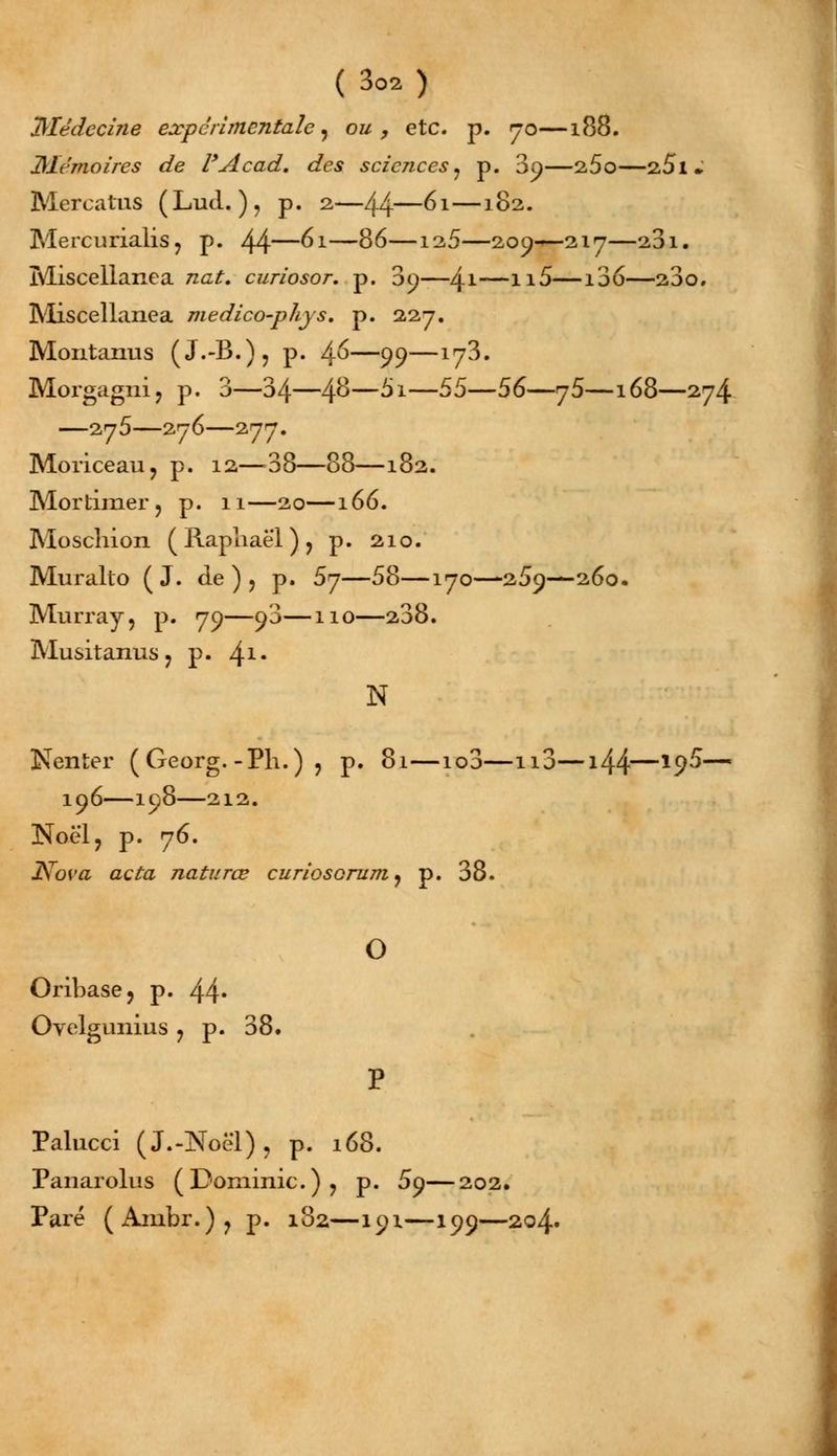 Médecine expérimentale? ou, etc. p. 70—188. Dïémoires de l'Acad. des sciences ? p. 3o—25o—2,5l • Mercatus (Lud. ), p. 2—44—61—1^2- Mercurialis ? p. 44—61—86—125—2091—217—231. Miscellanea nat. curiosor. p. 89—41—X15—136—23o. Miscellanea medico-pliys. p. 227. Montanus (J.-B.)? p. 46—99—173. Morgagni, p. 3—34—48—5i—55—56—75—168—274 —275—276—277. Moiïceau, p. 12—38—88—182. Mortimer ? p. 11—20—166. Moschion ( Rapliaël ) ? p. 210. Muralto ( J. de ) , p. 5y—58—170—259—260. Murray, p. 79—90—110—238. Musitanus? p. 41* N Nenter ( Georg. -Ph.) , p. 81—io3—n3—144—19^— 196—198—212. Noël, p. 76. lïova acta naturœ curiosarum y p. 38. 0 Oril)ase? p. 44* Ovelgimius ? p. 38. Palucci (J.-Noël), p. 168. Panarolus (Dominic), p. 59—202. Paré (Ambr.)? p. 182—191—199—204.