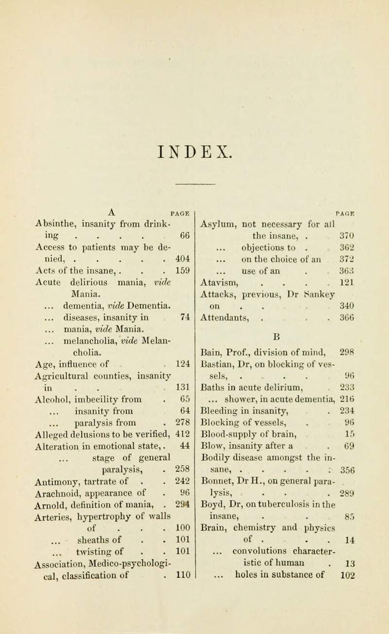INDEX. A PAGE PAr.K Absinthe, insanity from drink- Asylum, not necessary for all ing ... . 66 the insane, . 37D Access to patients may be de- objections to . 362 nied, 404 on the choice of an 372 Acts of the insane,. 159 use of an 363 Acute delirious mania, vide Atavism, 121 Mania. Attacks, previous, Dr Sankey ... dementia, vide Dementia. on 340 ... diseases, insanity in 74 Attendants, 366 ... mania, vide Mania. ... melancholia, vide Melan- B cholia. Bain, Prof., division of mind, 298 Age, influence of 124 Bastian, Dr, on blocking of ves- Agricultural counties, insanity sels, 96 in 131 Baths in acute delirium, 233 Alcohol, imbecility from 65 ... shower, in acute dementia. 216 insanity from 64 Bleeding in insanity, 234 paralysis from 278 Blocking of vessels, 96 Alleged delusions to be verified, 412 Blood-supply of brain, 15 Alteration in emotional state,. 44 Blow, insanity after a 69 stage of general Bodily disease amongst the in- paralysis, 258 sane, ..... 356 Antimony, tartrate of 242 Bonnet, Dr H., on general para- Arachnoid, appearance of 96 lysis, 289 Arnold, definition of mania, . 294 Boyd, Dr, on tuberculosis in the Arteries, hypertrophy of walls insane, 85 of 100 Brain, chemistry and physics sheaths of 101 of . . . 14 twisting of 101 ... convolutions character- Association, Medico-psychologi- istic of human 13