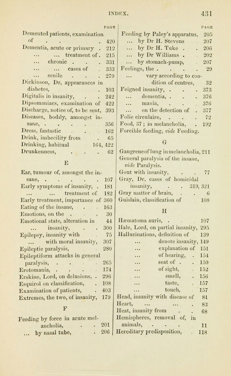 Demented patients, examination of . . . 420 Dementia, acute or primary . 212 ... treatment of. 215 chronic . . . 331 cases of 333 senile . . . 279 Dickinson, Dr, appearances in diabetes, . 103 Digitalis in insanity, . . 242 Dipsomaniacs, examination of 422 Discharge, notice of, to be sent, 393 Diseases, bodily, amongst in- sane, .... 356 Dress, fantastic . 162 Drink, imbecility from . 65 Drinking, habitual 164,422 Drunkenness, . . .62 Ear, tumour of, amongst the in- sane, 107 Early symptoms of insanity, . 181 treatment of 182 Early treatment, importance of 360 Eating of the insane, . 163 Emotions, on the . . 30 Emotional state, alteration in 44 insanity, . . 300 Epilepsy, insanity with 75 with moral insanity, 307 Epileptic paralysis, 280 Epileptiform attacks in general paralysis, . 265 Erotomania, . . . 174 Erskine, Lord, on delusions, . 296 Esquirol on classification, . 108 Examination of patients, . 403 Extremes, the two, of insanity, 179 Feeding by force in acute mel- ancholia, . . 201 ... by nasal tube, . 206 PAGE Feeding by Paley's apparatus, 205 ... by Dr H. Stevens 207 ... by Dr H. Tuke . . 206 ... by Dr Williams . 202 ... by stomach-pump, 207 Feelings, the .... 29 vary according to con- dition of centres, 32 Feigned insanity, . . . 373 dementia, . . . 376 mania, . . 376 on the detection of . 377 Folio circulaire, ... 72 Food, 37 ; in melancholia, . 192 Forcible feeding, vide Feeding. Gangreneof lung in melancholia, 211 General paralysis of the insane, vide Paralysis. Gout with insanity, . . 77 Gray, Dr, cases of homicidal insanity, . . 319, 321 Gray matter of brain, . . 6 Guislain, classification of 108 II Hematoma amis, . 107 Hale, Lord, on partial insanity, 295 Hallucinations, definition of 139 denote insanity, 149 explanation of 151 of hearing, . 154 seat of . . 150 of sight, 152 smell, . 156 taste, . 157 touch, 157 Head, insanity with disease of 81 Heart, ... ... . 83 Heat, insanity from . . gy Hemispheres, removal of, in animals, ... n Hereditary predisposition, us