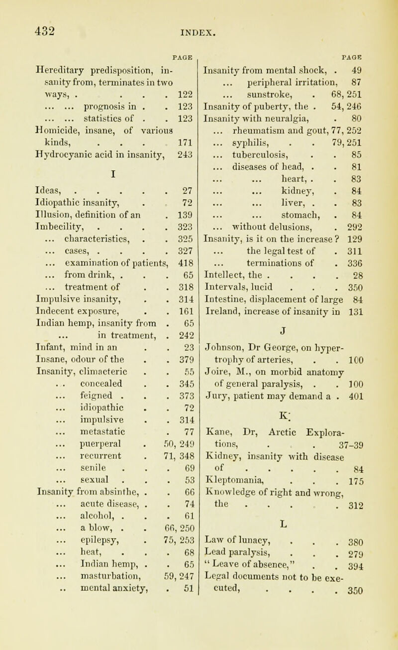PAGE Hereditary predisposition, in- sanity from, terminates in two ways, . ... 122 prognosis in . . 123 statistics of . . 123 Homicide, insane, of various kinds, ... 171 Hydrocyanic acid in insanity, 243 Ideas, 27 Idiopathic insanity, . 72 Illusion, definition of an . 139 Imbecility, .... 323 ... characteristics, . . 325 ... cases, .... 327 ... examination of patients, 418 ... from drink, ... 65 ... treatment of . . 318 Impulsive insanity, . . 314 Indecent exposure, . . 161 Indian hemp, insanity from . 65 in treatment, . 242 Infant, mind in an . . 23 Insane, odour of the . . 379 Insanity, climacteric . . 55 concealed . . 345 feigned . . .373 idiopathic . . 72 impulsive . . 314 metastatic . 77 puerperal . 50, 249 recurrent . 71, 348 senile ... 69 sexual ... 53 Insanity from absinthe, . . 66 acute disease, . . 74 alcohol, . . .61 a blow, . . 66,250 epilepsy, . 75, 253 heat, ... 68 Indian hemp, . . 65 masturbation, 59,247 mental anxiety, . 51 TAOK Insanity from mental shock, . 49 peripheral irritation, 87 sunstroke, . 68,251 Insanity of puberty, the . 54, 246 Insanity with neuralgia, . 80 ... rheumatism and gout, 77, 252 ... syphilis, 79 251 ... tuberculosis, 85 ... diseases of head, . 81 heart, . 83 kidney, 84 liver, . 83 stomach, 84 ... without delusions, 292 Insanity, is it on the increase ? 129 the legal test of 311 terminations of 336 Intellect, the . 28 Intervals, lucid 350 Intestine, displacement of la •ge 84 Ireland, increase of insanity in 131 Johnson, Dr George, on hyper- trophy of arteries, . .100 Joire, M., on morbid anatomy of general paralysis, . .100 Jury, patient may demand a . 401 k; Kane, Dr, Arctic Explora- tions, . . 37-39 Kidney, insanity with disease of 84 Kleptomania, . . . 175 Knowledge of right and wrong, the .... 312 Law of lunacy, . . , 359 Lead paralysis, . . . 279 Leave of absence, . . 394 Legal documents not to be exe- cu'ed, . . . .350