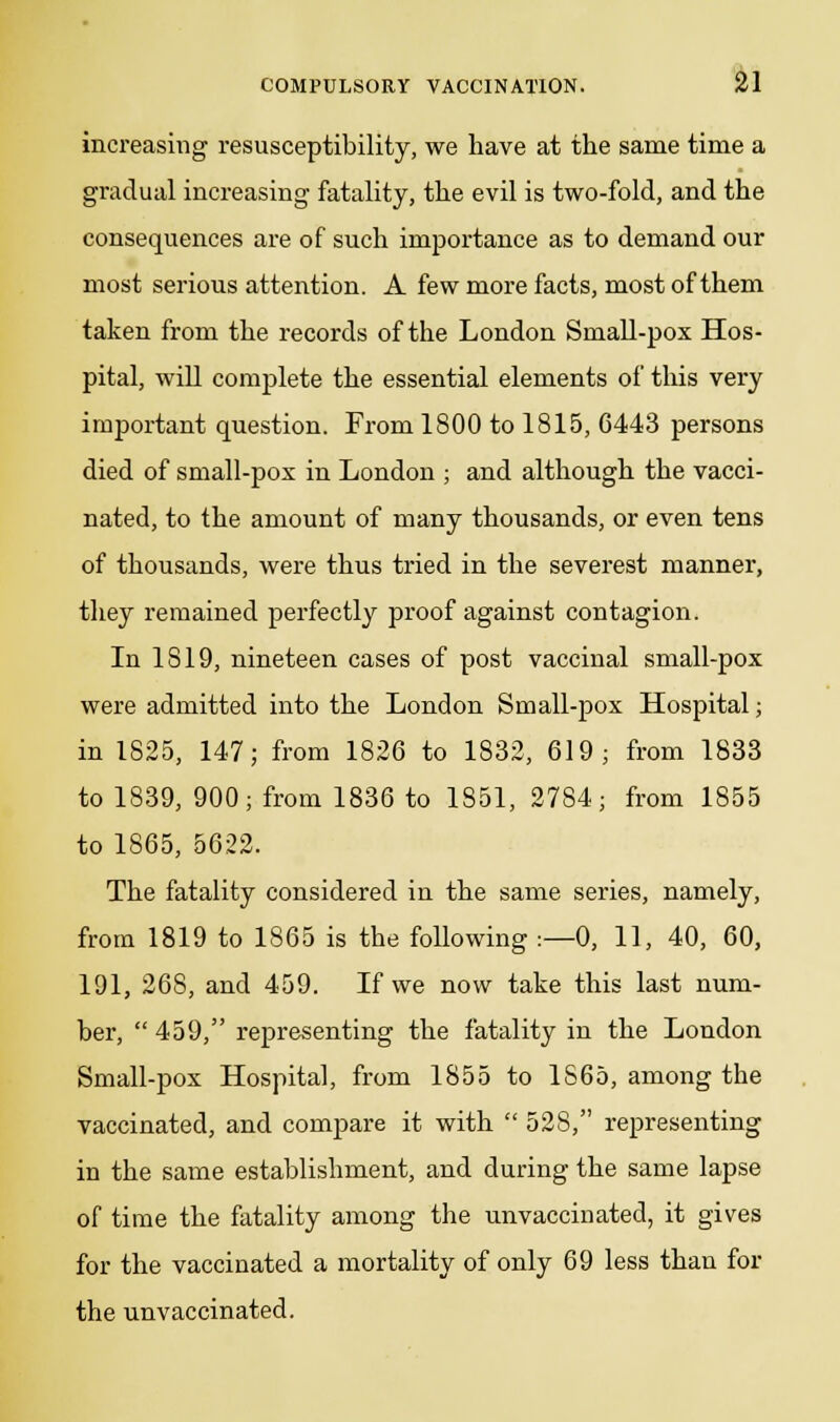 increasing insusceptibility, we have at the same time a gradual increasing fatality, the evil is two-fold, and the consequences are of such importance as to demand our most serious attention. A few more facts, most of them taken from the records of the London Small-pox Hos- pital, will complete the essential elements of this very important question. From 1800 to 1815, G443 persons died of small-pox in London ; and although the vacci- nated, to the amount of many thousands, or even tens of thousands, were thus tried in the severest manner, they remained perfectly proof against contagion. In 1819, nineteen cases of post vaccinal small-pox were admitted into the London Small-pox Hospital; in 1825, 147; from 1826 to 1832, 619; from 1833 to 1839, 900; from 1836 to 1851, 2784; from 1855 to 1865, 56:22. The fatality considered in the same series, namely, from 1819 to 1865 is the foUowing :—0, 11, 40, 60, 191, 268, and 459. If we now take this last num- ber, 459, representing the fatality in the London Small-pox Hospital, from 1855 to 1S65, among the vaccinated, and compare it with 528, representing in the same establishment, and during the same lapse of time the fatality among the unvaccinated, it gives for the vaccinated a mortality of only 69 less than for the unvaccinated.
