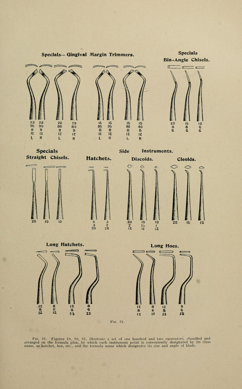 Bin-Angle Chisels. 20 20 20 95 95 80 8 9 9 12 12 12 J. R L 20 80 9 12 B Specials Straight Chisels. 15 15 15 15 35 95 80 80 8 8 a 8 12 12 12 12 L R L R 20 15 10 9 a 6 6 6 6 Side Instruments. Hatchets. Discoids. Cleolds. 1 1 20 15 10 H JO Long Hatchets. Long Hoes. 12 8 12 8 8 6 8 € J2 12 23 23 Fig. 21. Fig. 21. Figures 19, 20, 21, illustrate a set of one hundred and two excavators, classified and arranged on the formula plan, by which each instrument point is conveniently designated by its class name, as hatchet, hoe, etc., and the formula name which designates its size and angle of blade.