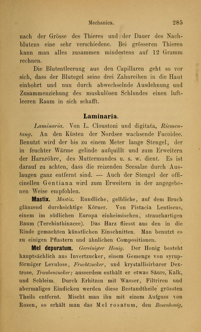 nach der Grösse des Thicres und der Dauer des Nach- blutens eine sehr verschiedene. Bei grösseren Thieren kann man alles zusammen mindestens auf 12 Gramm rechnen. Die Blutentleerung aus den Capillaren geht so vor sich, dass der Blutegel seine drei Zahnreihen in die Flaut einbohrt und nun durch abwechselnde Ausdehnung und Zusammenziehung des muskulösen Schlundes einen luft- leeren Raum in sich schafft. Laminaria. Laminaria. Von L. Cloustoni und digitata, Riemen- tang. An den Küsten der Nordsee wachsende Fucoidee. Benutzt wird der bis zu einem Meter lange Stengel, der in feuchter Wärme gelinde aufquillt und zum Erweitern der Harnröhre, des Muttermundes u. s. w. dient. Es ist darauf zu achten, dass die reizenden Seesalze durch Aus- laugen ganz entfernt sind. — Auch der Stengel der offi- cinellen Gentiana wird zum Erweitern in der angegebe- nen Weise empfohlen. Mastix. Mastix. Rundliche, gelbliche, auf dem Bruch glänzend durchsichtige Körner. Von Pistacia Lentiscus, einem im südlichen Europa einheimischen, strauchartigen Baum (Terebinthinacee). Das Harz fliesst aus den in die Rinde gemachten künstlichen Einschnitten. Man benutzt es zu einigen Pflastern und ähnlichen Compositionen. Mel depuratUltl. Gereinigter Honig. Der Honig bestellt hauptsächlich aus Invertzucker, einem Genienge von syrup- förmiger Levulose, Fruchtzucker, und krystallisirbarer Dex- trose, Traubenzucker; ausserdem enthält er etwas Säure, Kalk, und Schleim. Durch Erhitzen mit Wasser, Filtriren und abermaliges Eindicken werden diese Bestandtheile grössten Theils entfernt. Mischt man ihn mit einem Aufguss \on Rosen, so erhält man das Mel rosatum, den Rosenhonig,