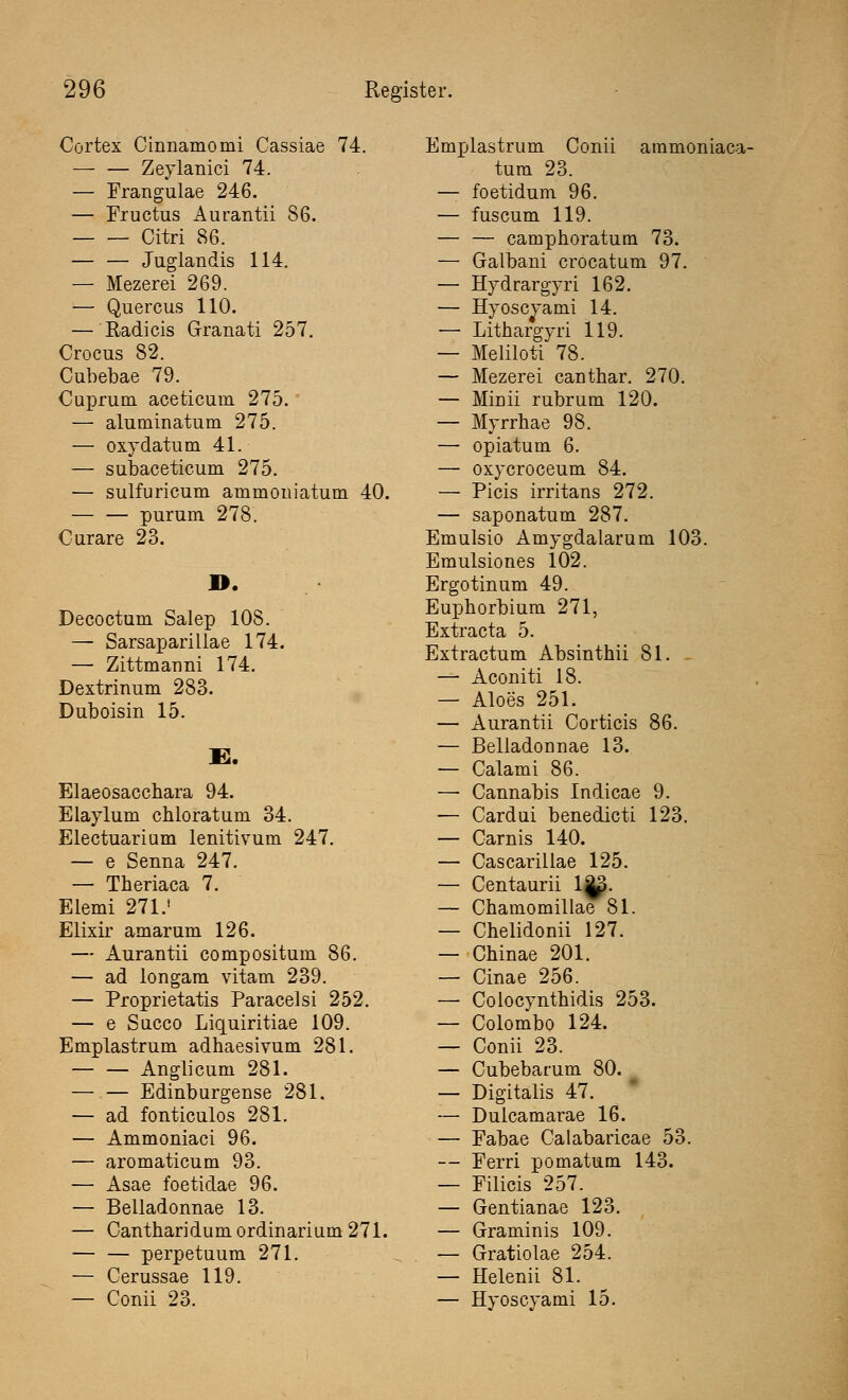 Cortex Cinnamomi Cassiae 74. — — Zeylanici 74. — Frangulae 246. — Fructus Aurantii 86. Citri 86. — — Juglandis 114. — Mezerei 269. — Quercus 110. — Radicis Granati 257. Crocus 82. Cubebae 79. Cuprum aceticuui 275. — aluminatum 275. — oxydatum 41. — subaceticum 275. — sulfuricum ammoniatum 40. purum 278. Curare 23. I>. Decoctum Salep 108. — Sarsaparillae 174. — Zittmanni 174. Dextrinum 283. Duboisin 15. E. Elaeosacchara 94. Elaylum chloratum 34. Electuarium lenitivum 247. — e Senna 247. — Theriaca 7. Elemi 271.' Elixir amarum 126. — Aurantii compositum 86. — ad longam vitam 239. — Proprietatis Paracelsi 252. — e Succo Liquiritiae 109. Emplastrum adhaesivum 281. — — Anglicuin 281. — — Edinburgense 281. — ad fonticulos 281. — Ammoniaci 96. — aromaticum 93. — Asae foetidae 96. — Belladonnae 13. — Cantharidumordinarium271. — — perpetuum 271. — Cerussae 119. — Conii 23. Emplastrum Conii ammoniaca- tum 23. — foetidum 96. — fuscum 119. — — camphoratum 73. — Galbani crocatum 97. — Hydrargyri 162. — Hyoscyami 14. — Lithargyri 119. — Meliloti 78. — Mezerei canthar. 270. — Miuii rubrum 120. — Myrrhae 98. — opiatum 6. — oxycroceum 84. — Picis irritans 272. — saponatum 287. Emulsio Amygdalarum 103. Emulsiones 102. Ergotinum 49. Euphorbium 271, Extraeta 5. Extractum Absinthii 81. - — Aconiti 18. — Aloes 251. — Aurantii Corticis 86. — Belladonnae 13. — Calami 86. — Cannabis Indicae 9. — Cardui benedicti 123. — Carnis 140. — Cascarillae 125. — Centaurii 1^. — Chamomillae 81. — Chelidonii 127. — Chinae 201. — Cinae 256. —■ Colocynthidis 253. — Colombo 124. — Conii 23. — Cubebarum 80. — Digitalis 47. — Dulcamarae 16. — Fabae Calabaricae 53. — Ferri pomatum 143. — Filicis 257. — Gentiauae 123. — Graminis 109. — Gratiolae 254. — Helenii 81. — Hyoscyami 15.