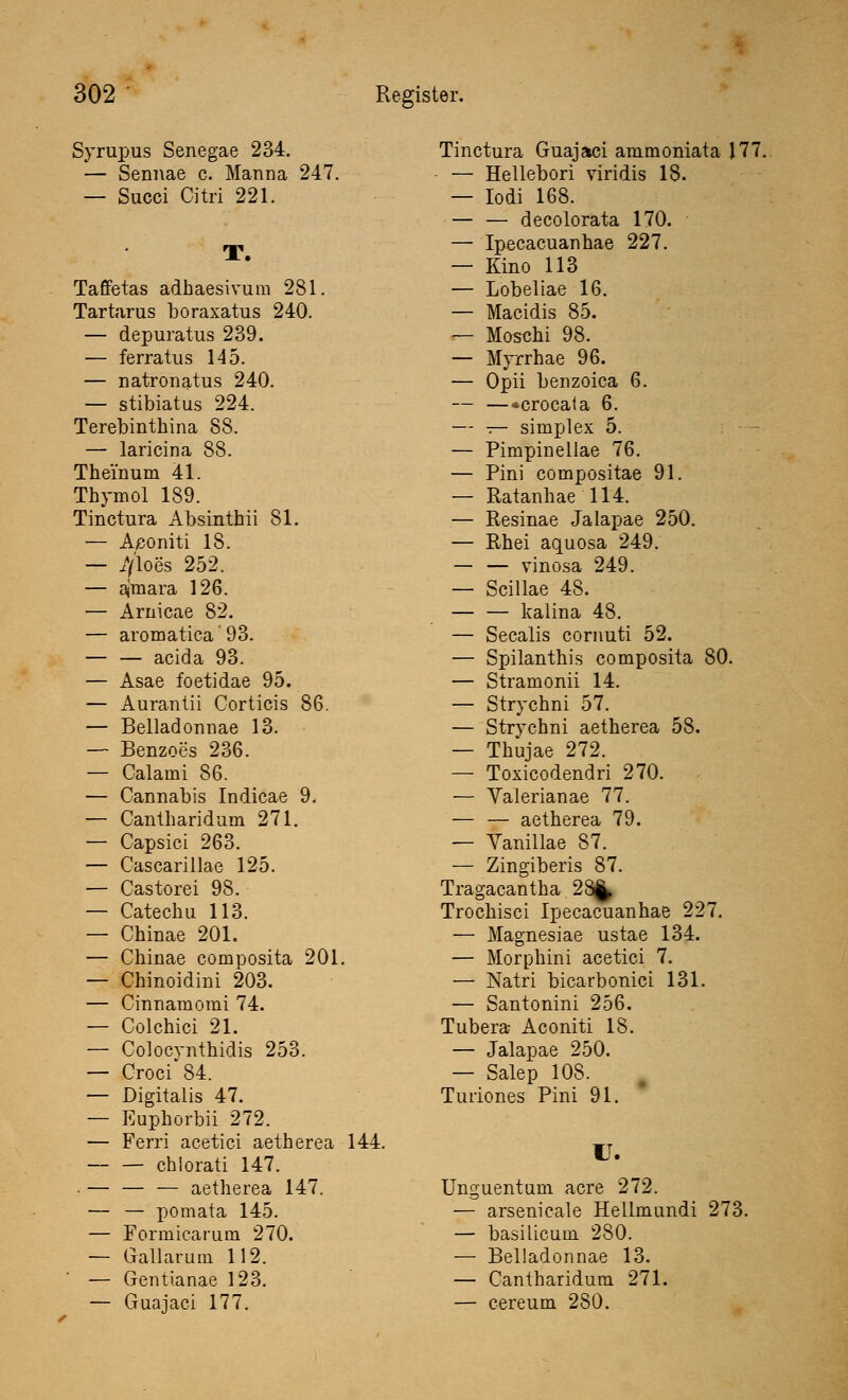Syrupus Senegae 234. — Sennae c. Manna 247. — Succi Citri 221. T. Taffetas adhaesivum 281. Tartarus boraxatus 240. — depuratus 239. — ferratus 145. — natronatus 240. — stibiatus 224. Terebinthina 88. — laricina 88. Thei'num 41. Thymol 189. Tinctura Absinthii 81. — Aponiti 18. — jy'loes 252. — ajmara 126. — Arnicae 82. — aromatica 93. — — acida 93. — Asae foetidae 95. — Aurantii Corticis 86. — Belladonnae 13. — Benzoes 236. — Calarni 86. — Cannabis Indicae 9. — Cantharidum 271. — Capsici 263. — Cascarillae 125. — Castorei 98. — Catechu 113. — Chinae 201. — Chinae composita 201. — Chinoidini 203. — Cinnamorai 74. — Colchici 21. — Colocynthidis 253. — Croci 84. — Digitalis 47. — Euphorbii 272. — Ferri acetici aetherea 144. — — chlorati 147. ■ — — — aetherea 147. — — pomata 145. — Formicarum 270. — Gallarum 112. — Gentianae 123. — Guajaci 177. Tinctura Guajaci ammoniata 177. — Hellebori viridis 18. — Iodi 168. — — decolorata 170. — Ipecacuanhae 227. — Kino 113 — Lobeliae 16. — Macidis 85. — Moschi 98. — Myrrhae 96. — Opii benzoica 6. — —«crocata 6. — — simplex 5. — Pimpinellae 76. — Pini compositae 91. — Ratanhae 114. — Resinae Jalapae 250. — Rhei aquosa 249. — — vinosa 249. — Scillae 48. — — kalina 48. — Seealis cornuti 52. — Spilanthis composita 80. — Stramonii 14. — Strychni 57. — Strychni aetherea 58. — Thujae 272. — Toxicodendri 270. — Valerianae 77. — — aetherea 79. — Yanillae 87. — Zingiberis 87. Tragacantha 28fc. Trochisci Ipecacuanhae 227. — Magnesiae ustae 134. — Morphini acetici 7. — Natri bicarbonici 131. — Santonini 256. Tubera Aconiti 18. — Jalapae 250. — Salep 108. Turiones Pini 91. r. Unguentum acre 272. — arsenicale Hellmundi 273. — basilicuin 280. — Belladonnae 13. — Cantharidum 271. — cereum 280.