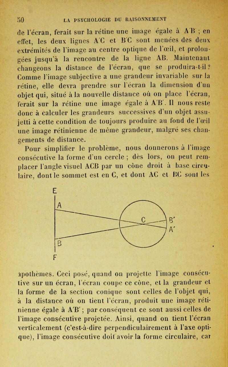 de l'écran, ferait sur la rétine une image égale à AB ; en effet, les deux lignes A'C et B'C sont menées des deux extrémités de l'image au centre optique de l'œil, et prolon- gées jusqu'à la rencontre de la ligne AB. Maintenant changeons la distance de l'écran, que se produira-t-il? Comme l'image subjective a une grandeur invariable sur la rétine, elle devra prendre sur l'écran la dimension d'un objet qui, situé à la nouvelle distance où on place l'écran, ferait sur la rétine une image égale à AB'. Il nous reste donc à calculer les grandeurs successives d'un objet assu- jetti à cette condition de toujours produire au fond de l'œil une image rétinienne de même grandeur, malgré ses chan- gements de dislance. Pour simplifier le problème, nous donnerons à l'image consécutive la forme d'un cercle ; dès lors, on peut rem- placer l'angle visuel ACB par un cône droit à base circu- laire, dont le sommet est en C, et dont AC cl BC soni les apothèmes. Ceci posé, quand on projette l'image consécu- tive sur un écran, l'écran coupe ce cône, et la grandeur cl la forme de la section conique sont celles de l'objet qui, à la distance où on tient l'écran, produit une image réti- nienne égale à A'B' ; par conséquent ce sont aussi celles de l'image consécutive projetée. Ainsi, quand on tient l'écran verticalement (c'est-à-dire perpendiculairement à l'axe opti- que), l'image consécutive doit avoir la forme circulaire, car