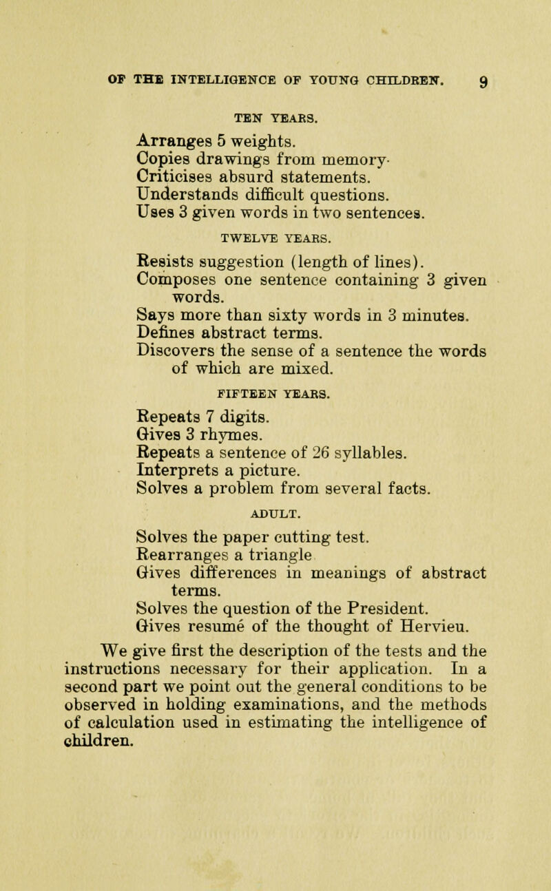 TEN TEARS. Arranges 5 weights. Copies drawings from memory- Criticises absurd statements. Understands difficult questions. Uses 3 given words in two sentences. TWELVE YEARS. Resists suggestion (length of lines). Composes one sentence containing 3 given words. Says more than sixty words in 3 minutes. Defines abstract terms. Discovers the sense of a sentence the words of which are mixed. FIFTEEN YEARS. Repeats 7 digits. Gives 3 rhymes. Repeats a sentence of 26 syllables. Interprets a picture. Solves a problem from several facts. ADULT. Solves the paper cutting test. Rearranges a triangle Gives differences in meanings of abstract terms. Solves the question of the President. Gives resume of the thought of Hervieu. We give first the description of the tests and the instructions necessary for their application. In a second part we point out the general conditions to be observed in holding examinations, and the methods of calculation used in estimating the intelligence of children.
