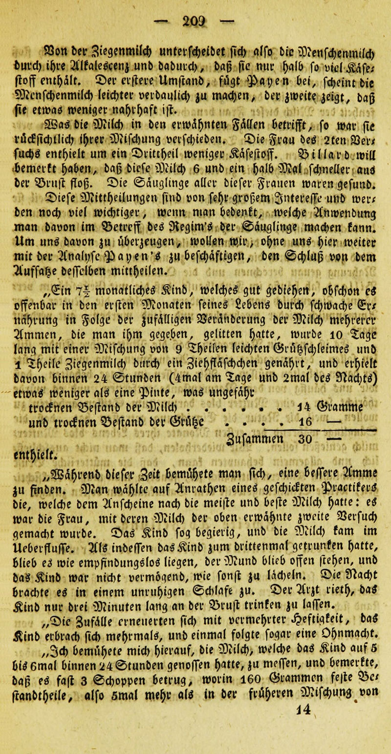 S3on bei- 3i?9enmifd) unterfcbelbet fid) alfo bie 53ienfcbenmiid) burd) ifjre 21'lfaleScenj unb baburd), baß (ic nur ()al& fo utelÄdfe.' floff enthält. ©er elftere Umftanb, fugt $>ai;en bei, fdjeint feie 9)icnfcbenmild> leichter oerbaulid) ju machen, ber jweite jeigt, bofj jte etwas weniger naijrljaft ift. 3Bas bie üKifd) in ben erwdljnten gdllen betrifft, fo war fie rütffichllid) ir)ier iDtifdjung »etfebüben. Sie grau beö 2ten ■S8er< fud)S enthielt um ein ©rittljeil weniger ^äfeftoff. 3?illarb.wi(l .temerft ftaben, baß biefe SOiilcb 6 unb ein fjalb •Dftal fdjiieüer aus ber ©ruft floß. Sie Säuglinge aller biefer grauen waren gefunb. ©iefe SKittljeilungen finb »on feljr großem SnterelTe unb »er* ben noch üiel wichtiger, wenn man bebenft, welche 2ln»enbung man bavon im betreff öeö Siegim'S ber Säuglinge machen fann. Um uns ba»on ju überzeugen, wollen wir, oftne uns Jjier weiter mit ber 2l'nalnfe <pa»en'S ju befebäftigen, ben Schluß wn bem 2luffalje befTel&en mitteilen. „Sin 7| monatlich Äinb, welches gut gebt'eljett, o6fd)on eS offenbar in ben erften Monaten feines SebenS bureb fchwacbe (Er* Mäfjrung in golge ber jufä(Jigen SJeränberung ber SDtilch mehrerer 2tmmen, bie man if)m gegeben, gelitten jjatte, würbe 10 'Jage lang mit einer 5)iifd)ung »on 9 Reifen leid)ten @5rü(5fd;feimeS unb l 5f)eife Siegenmild) bind) ein 3iej)f[äfchcben genäljvt, unb erhielt bavton 6inncn 24 Stunben (4mal am Sage unb 2mai beS 2Tcad;tS) etwas weniger als eine <Ptufe, was ungefaßt troefnen 33eftanb ber üftild) ...... 14 (Bramme unb troefnen Sßeftanb ber ©rufcc . . . . 16 — Sufammen 30 - enthielt. „3Bär)renb biefer Seit bemühte man fid), eine befiere limmt ju finben. 9Kan wäfjlte auf Umatfyn eines gefd)ic!ten $>ractiferS bie, »eiche bem 2l'nfcbeine nad) bie meifte unb befte ODtild> Ijatte: es war bie grau, mit beren 3Kild> ber oben erwähnte jweite SSerfud) gemacht würbe. ©aS Äinb fog begierig, unb bie TOtifd> fam im UeberflufTe. 2ÜS inbeflen baS^inb jum brittenmal getrunfen Ijatte, blieb es wie empfünbungSloS liegen, beriJKunb blieb offen fielen, unb bat Äinb war nicht »ermogenb, wie fonft ju Iddjeln. ©ie Stacht 6raebte es in einem unruhigen Schlafe ju. ©er 2trjt rietlj, bai ^inb nur brei Minuten lang an ber 5>ruft trtnfen ju laflen. ,,©ic gufdde erneuerten fid) mit »ermebrter £eftigfeit, ba« Äinb erbrach fid) mehrmals, unb einmal folgte fogar eine Of)nmad)t. ,,3d) bemühte mid) Ijierauf, bie üOtilcb, welche baS £inb auf 5 6iS6mal binnen 24 Stunben genolTen Ijatte, ju meffen, unb Oemerfte, ba\i es faft 3 Schoppen 6etrug, worin 160 ÖSrammcn fe|te $öc< ftanbtfjeile, olfo 5mal me&> als in ber früheren SRifcbutt^pon 14