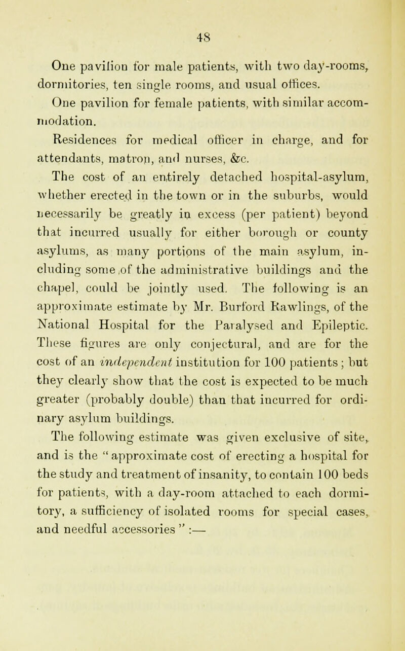 One pavilion for male patients, with two day-rooms, dormitories, ten single rooms, and usual offices. One pavilion for female patients, with similar accom- modation. Residences for medical officer in charge, and for attendants, matron, anil nurses, &c. The cost of an entirely detached hospital-asylum, whether erected in the town or in the suburbs, would necessarily be greatly in excess (per patient) beyond that incurred usually for either borough or county asylums, as many portions of the main asylum, in- cluding some.of the administrative buildings and the chapel, could be jointly used. The following is an approximate estimate by Mr. Burford Rawlings, of the National Hospital for the Paralysed and Epileptic. These figures are only conjectural, and are for the cost of an independent institution for 100 patients ; but they clearly show that the cost is expected to be much greater (probably double) than that incurred for ordi- nary asylum buildings. The following estimate was given exclusive of site, and is the  approximate cost of erecting a hospital for the study and treatment of insanity, to contain 100 beds for patients, with a day-room attached to each dormi- tory, a sufficiency of isolated rooms for special cases, and needful accessories  :—