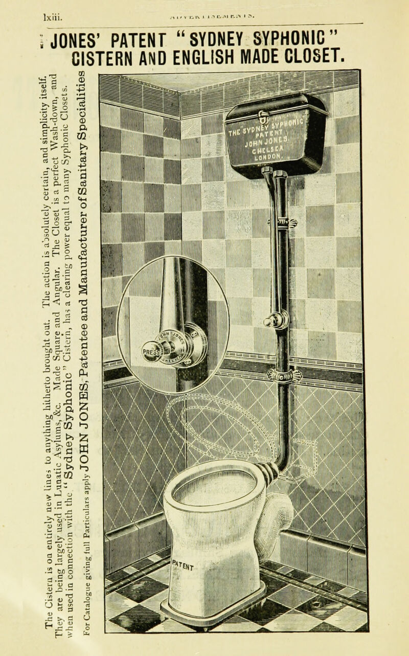 JONES' PATENT SYDNEY SYPHONIC CISTERN AND ENGLISH MADE CLOSET.