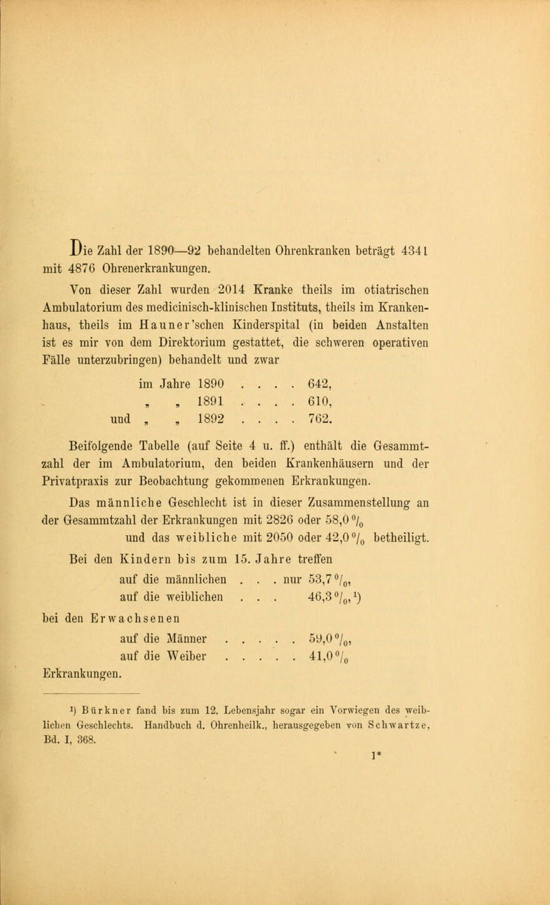 Die Zahl der 1890—92 behandelten Ohrenkranken beträgt 4341 mit 4876 Ohrenerkrankungen. Von dieser Zahl wurden 2014 Kranke theils im otiatrischen Ambulatorium des medicinisch-klinischen Instituts, theils im Kranken- haus, theils im Hauner'schen Kinderspital (in beiden Anstalten ist es mir von dem Direktorium gestattet, die schweren operativen Fälle unterzubringen) behandelt und zwar im Jahre 1890 .... 642, „ „ 1891 .... 610, und , , 1892 .... 762. Beifolgende Tabelle (auf Seite 4 u. ff.) enthält die Gesammt- zahl der im Ambulatorium, den beiden Krankenhäusern und der Privatpraxis zur Beobachtung gekommenen Erkrankungen. Das männliche Geschlecht ist in dieser Zusammenstellung an der Gesammtzahl der Erkrankungen mit 2826 oder 58,0 °/0 und das weibliche mit 2050 oder 42,0 °/0 betheiligt. Bei den Kindern bis zum 15. Jahre treffen auf die männlichen . . . nur 53,7 °/0, auf die weiblichen . . . 46,3 °/0,1) bei den Erwachsenen auf die Männer 59,0 °/0, auf die Weiber 41,0 °/0 Erkrankungen. i) Bürkner fand bis zum 12. Lebensjahr sogar ein Vorwiegen des weib- lichen Geschlechts. Handbuch d. Ohrenheilk., herausgegeben von Schwärtze, Bd. I, 368. 1*