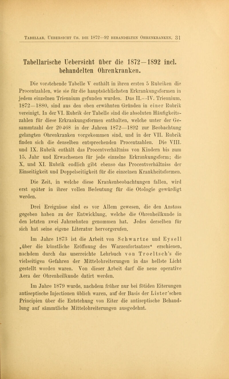 Tabellarische Uebersicht über die 1872-1892 incl. behandelten Ohrenkranken. Die vorstehende Tabelle V enthält in ihren ersten 5 Rubriken die Procentzahlen, wie sie für die hauptsächlichsten Erkrankungsformen in jedem einzelnen Triennium gefunden wurden. Das IL—IV. Triennium. 1872 — 1880, sind aus den oben erwähnten Gründen in einer Rubrik vereinigt. In der VI. Rubrik der Tabelle sind die absoluten Häufigkeits- zahlen für diese Erkrankungsformen enthalten, welche unter der Ge- sammtzahl der 20 468 in der Jahren 1872—1892 zur Beobachtung gelangten Ohrenkranken vorgekommen sind, und in der VII. Rubrik finden sich die denselben entsprechenden Procentzahlen. Die VIII. und IX. Rubrik enthält das Procentverhältniss von Kindern bis zum 15. Jahr und Erwachsenen für jede einzelne Erkrankungsform; die X. und XL Rubrik endlich gibt ebenso das Procentverhältniss der Einseitigkeit und Doppelseitigkeit für die einzelnen Krankheitsformen. Die Zeit, in welche diese Krankenbeobachtungen fallen, wird erst später in ihrer vollen Bedeutung für die Otologie gewürdigt werden. Drei Ereignisse sind es vor Allem gewesen, die den Anstoss gegeben haben zu der Entwicklung, welche die Ohrenheilkunde in den letzten zwei Jahrzehnten genommen hat. Jedes derselben für sich hat seine eigene Literatur hervorgerufen. Im Jahre 1873 ist die Arbeit von Schwärtze und Eysell „über die künstliche Eröffnung des Warzenfortsatzes erschienen, nachdem durch das unerreichte Lehrbuch von Troeltsch's die vielseitigen Gefahren der Mittelohreiterungen in das hellste Licht gestellt worden waren. Von dieser Arbeit darf die neue operative Aera der Ohrenheilkunde datirt werden. Im Jahre 1879 wurde, nachdem früher nur bei fötiden Eiterungen antiseptische Injectionen üblich waren, auf der Basis der Lister'schen Principien über die Entstehung von Eiter die antiseptische Behand- lung auf sämmtliche Mittelohreiterungen ausgedehnt.