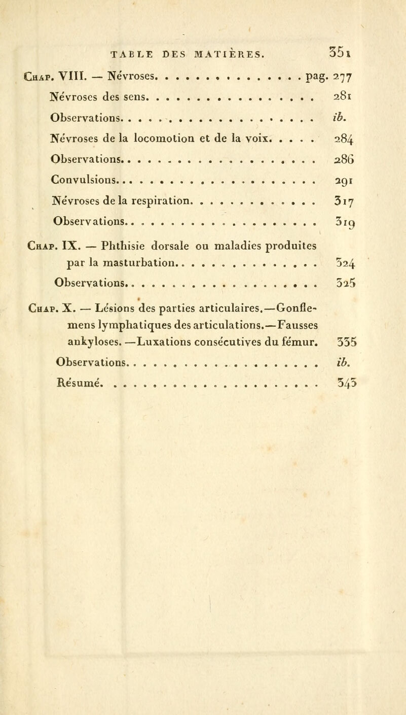 Chap. VIII. — Névroses pag. 277 Névroses des sens 281 Observations ib. Névroses de la locomotion et de la voix 284 Observations 286 Convulsions 291 Névroses de la respiration 317 Observations 3rg Chap. IX. — Phthisie dorsale ou maladies produites par la masturbation 524 Observations 5^5 Chap. X. — Lésions des parties articulaires.—Gonfle- mens lymphatiques des articulations.—Fausses ankyloses. —Luxations consécutives du fémur. 355 Observations ib. Résumé 545