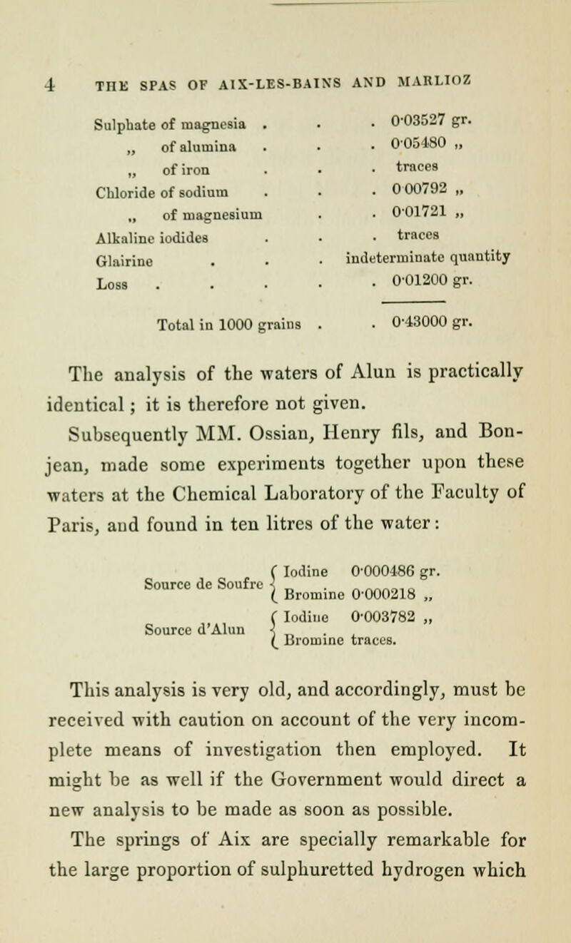 Sulphate of magnesia . ,, of alumina „ of iron Chloride of sodium „ of magnesium Alkaline iodides Glairine Loss Total in 1000 grains . 003527 gr. . 005480 „ traces . 0 00792 „ . 001721 „ traces indeterminate quantity . 0-01200 gr. 0-43000 gr. The analysis of the waters of Alun is practically- identical ; it is therefore not given. Subsequently MM. Ossian, Henry fils, and Bon- jean, made some experiments together upon these waters at the Chemical Laboratory of the Faculty of Paris, and found in ten litres of the water: ( Iodir ( Bron „dine 0-000486 gr. Source de Soufre -J . Bromine 0-000218 „ ( Iodine 0-003782 „ Source d'Alun < { Bromine traces. This analysis is very old, and accordingly, must be received with caution on account of the very incom- plete means of investigation then employed. It might be as well if the Government would direct a new analysis to be made as soon as possible. The springs of Aix are specially remarkable for the large proportion of sulphuretted hydrogen which