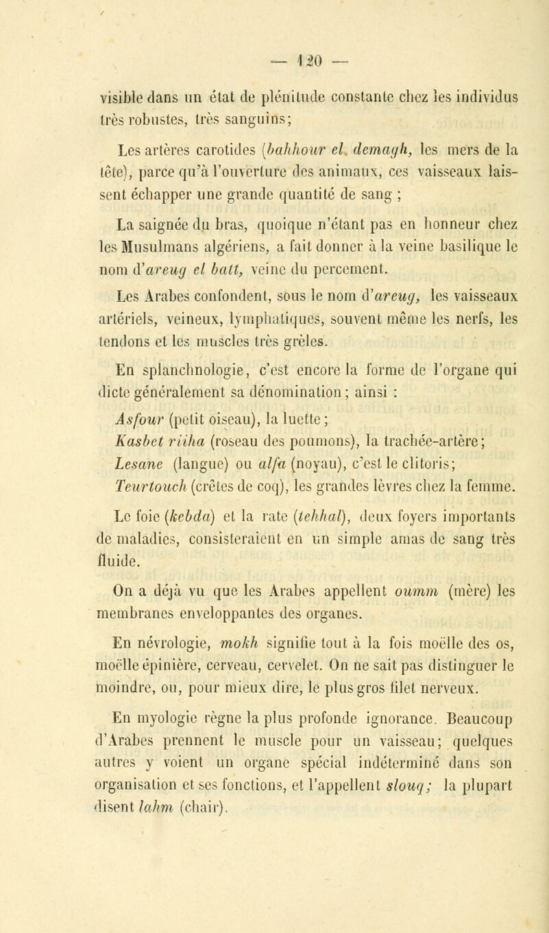 visible dans un état de plénitude constante chez les individus très robustes, très sanguins; Les artères carotides [bahhour el demagh, les mers de la tête), parce qu'à l'ouverture des animaux, ces vaisseaux lais- sent échapper une grande quantité de sang ; La saignée du bras, quoique n'étant pas en honneur chez les Musulmans algériens, a fait donner à la veine basilique le nom d'areug el batt, veine du percement. Les Arabes confondent, sous le nom ù'areug, les vaisseaux artériels, veineux, lymphatiques, souvent même les nerfs, les tendons et les muscles très grêles. En splanchnologie, c'est encore la forme de l'organe qui dicte généralement sa dénomination ; ainsi : Âsfour (petit oiseau), la luette ; Kasbet riiha (roseau des poumons), la trachée-artère; Lesane (langue) ou alfa (noyau), c'est le clitoris; Teurtouch (crêtes de coq), les grandes lèvres chez la femme. Le foie (kcbda) et la rate (tehhal), deux foyers importants de maladies, consisteraient en un simple amas de sang très fluide. On a déjà vu que les Arabes appellent oumm (mère) les membranes enveloppantes des organes. En névrologie, mokh signifie tout à la fois moelle des os, moelle épinière, cerveau, cervelet. On ne sait pas distinguer le moindre, ou, pour mieux dire, le plus gros filet nerveux. En myologie règne la plus profonde ignorance. Beaucoup d'Arabes prennent le muscle pour un vaisseau; quelques autres y voient un organe spécial indéterminé dans son organisation et ses fonctions, et l'appellent slouq; la plupart disent lahm (chair).