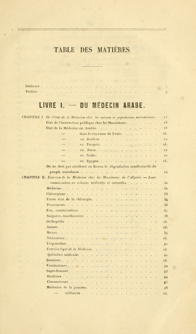TABLE DES MATIERES Dédicace Préface LIVRE I. — DU MÉDECIN ARABE. CHAPITRE I. De l'état de la Médecine chez les nations et populations mahométanes. i5 Etat Ue l'instruction publique chez les Musulmans 16 Etat de la Médecine en Arabie 18 — dans le royaume de Tunis id. — au Darfour 19 — eu Turquie v . . . , . id. — en Perse 21 — en Nubie 22 — en Egypte id. On ne doit pas attribuer au Koran la dégradation intellectuelle du peuple musulman 24 CHAPITRE II, Exercice de la Médecine chez les Musulmans de l'Algérie. — Leurs connaissances en sciences médicales et nature/les 3o Médecins , 32 Chirurgiens 33 Triste état de la chirurgie 34 Pansements 36 Feu, cautérisations i-j Saignées, scarifications 38 Orthopédie . . , : id. Suture id. Moxas 3g Vésicatoire id. Trépanation 4o Exercice, légal de la Médecine id. Spécialités médicales 4i Dentistes id. Vaccinateurs. . . , 41 Sages-femmes , _ 43 Oculistes 4j Cireonciseurs 45 Médecins de la jaunisse 46 — militaires id.