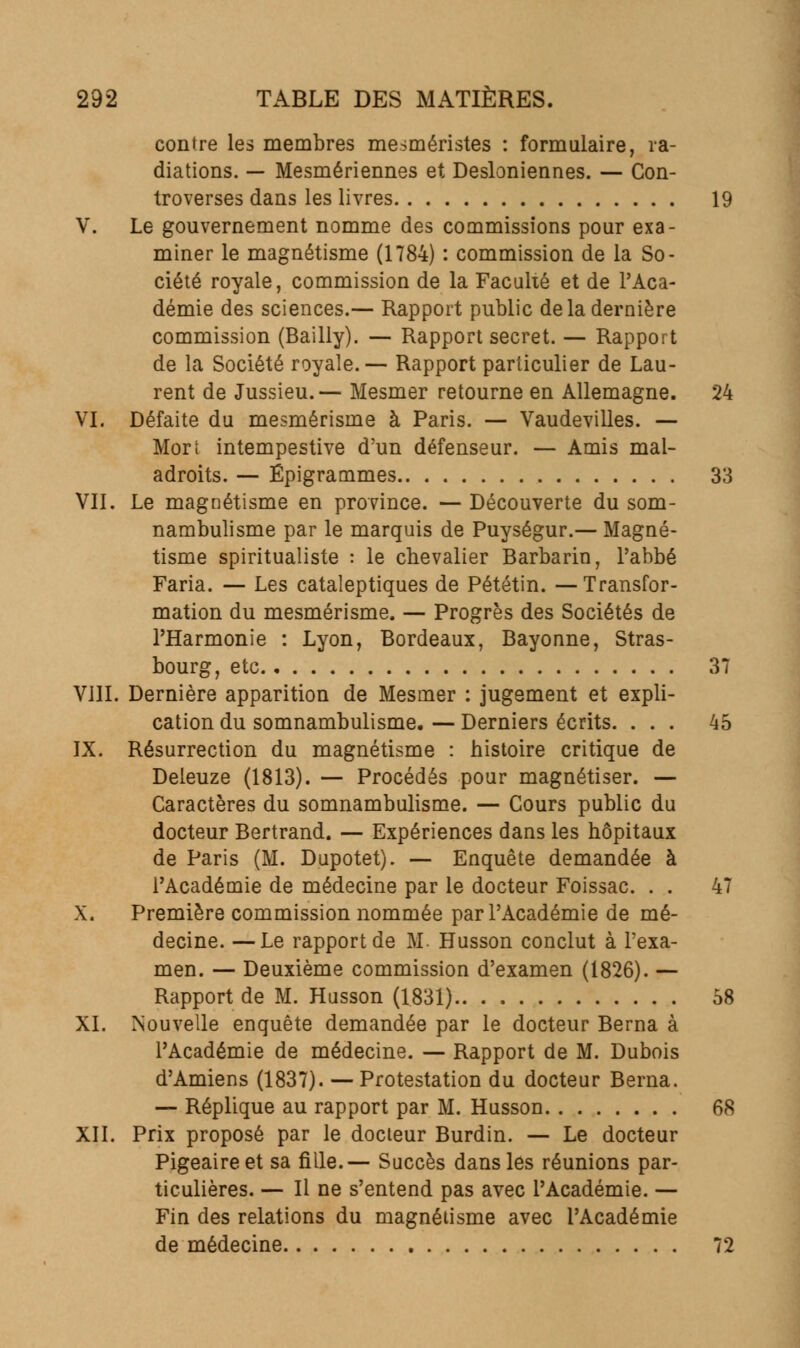 contre les membres mesméristes : formulaire, ra- diations. — Mesmériennes et Desioniennes. — Con- troverses dans les livres 19 V. Le gouvernement nomme des commissions pour exa- miner le magnétisme (1784) : commission de la So- ciété royale, commission de la Faculté et de l'Aca- démie des sciences.— Rapport public delà dernière commission (Bailly). — Rapport secret. — Rapport de la Société royale.— Rapport particulier de Lau- rent de Jussieu.— Mesmer retourne en Allemagne. 24 VI. Défaite du mesmérisme à Paris. — Vaudevilles. — Mori intempestive d'un défenseur. —- Amis mal- adroits. — Ëpigrammes 33 VII. Le magnétisme en province. — Découverte du som- nambulisme par le marquis de Puységur.— Magné- tisme spiritualiste : le chevalier Barbarin, l'abbé Faria. — Les cataleptiques de Pététin. —Transfor- mation du mesmérisme. — Progrès des Sociétés de l'Harmonie : Lyon, Bordeaux, Bayonne, Stras- bourg, etc 37 VIII. Dernière apparition de Mesmer : jugement et expli- cation du somnambulisme. — Derniers écrits. ... 45 IX. Résurrection du magnétisme : histoire critique de Deleuze (1813). — Procédés pour magnétiser. — Caractères du somnambulisme. — Cours public du docteur Bertrand. — Expériences dans les hôpitaux de Paris (M. Dupotet). — Enquête demandée à l'Académie de médecine par le docteur Foissac. . . 47 X. Première commission nommée par l'Académie de mé- decine. — Le rapport de M. Husson conclut à l'exa- men. — Deuxième commission d'examen (1826). — Rapport de M. Husson (1831) 58 XI. Nouvelle enquête demandée par le docteur Berna à l'Académie de médecine. — Rapport de M. Dubois d'Amiens (1837). — Protestation du docteur Berna. — Réplique au rapport par M. Husson 68 XII. Prix proposé par le docteur Burdin. — Le docteur Pigeaireet sa fille.— Succès dans les réunions par- ticulières. — Il ne s'entend pas avec l'Académie. — Fin des relations du magnétisme avec l'Académie de médecine 72