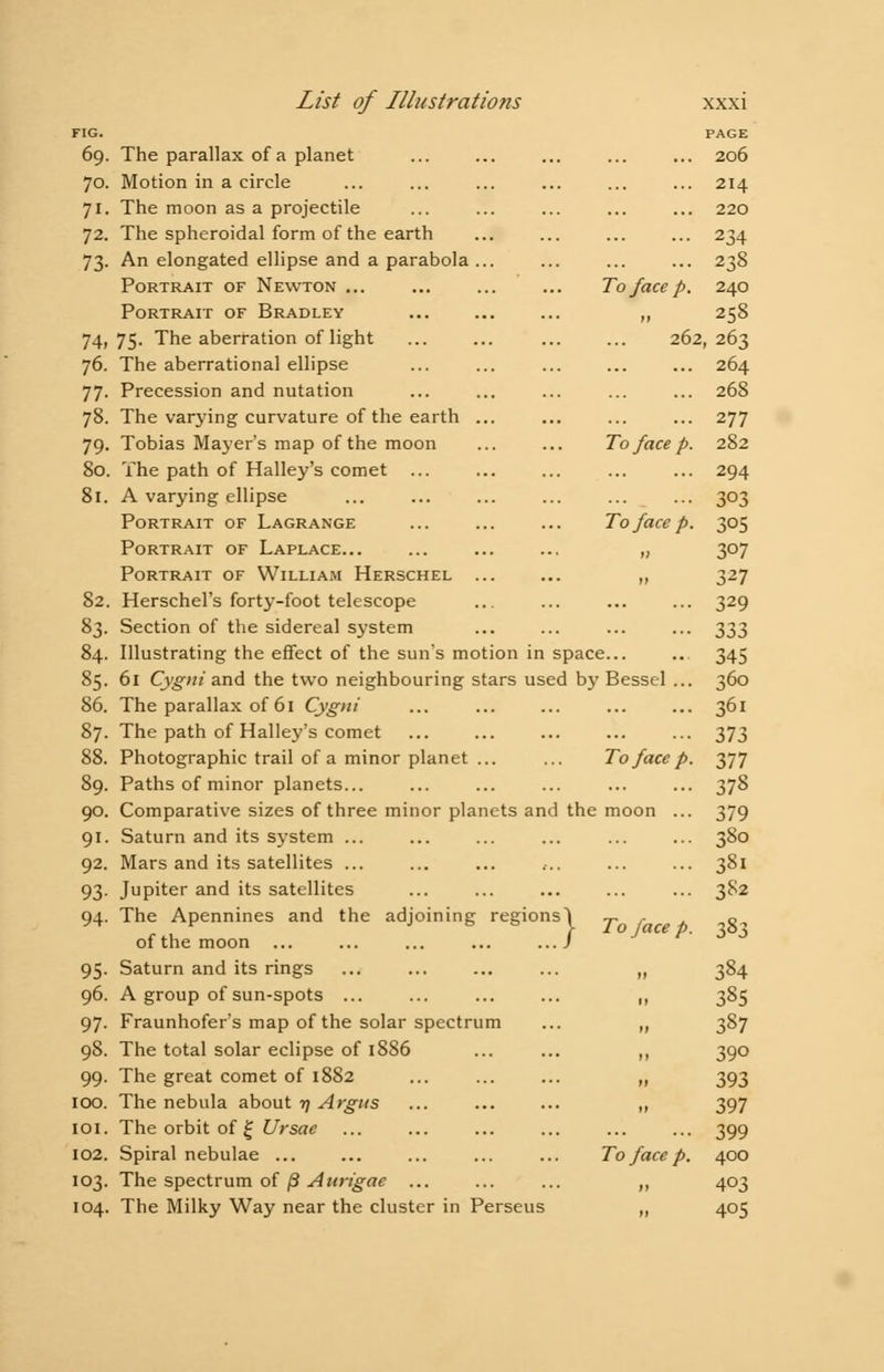 To face p. To face p. List of Illustrations FIG. 69. The parallax of a planet 70. Motion in a circle 71. The moon as a projectile 72. The spheroidal form of the earth 73. An elongated ellipse and a parabola ... Portrait of Newton ... Portrait of Bradley 74,75. The aberration of light 76. The aberrational ellipse 77. Precession and nutation 78. The varying curvature of the earth ... 79. Tobias Mayer's map of the moon 80. The path of Halley's comet ... 81. A varying ellipse Portrait of Lagrange Portrait of Laplace... Portrait of William Herschel 82. Herschel's forty-foot telescope 83. Section of the sidereal system 84. Illustrating the effect of the sun's motion in space... 85. 61 Cygni and the two neighbouring stars used by Bessel 86. The parallax of 61 Cygni 87. The path of Halley's comet 88. Photographic trail of a minor planet ... 89. Paths of minor planets... 90. Comparative sizes of three minor planets and 91. Saturn and its system ... 92. Mars and its satellites ... 93. Jupiter and its satellites 94. The Apennines and the adjoining region of the moon ... 95. Saturn and its rings 96. A group of sun-spots ... 97. Fraunhofer's map of the solar spectrum 98. The total solar eclipse of 1886 99. The great comet of 1882 100. The nebula about i\ Argus 101. The orbit of £ Ursae 102. Spiral nebulae ... 103. The spectrum of j3 Aurigae ... 104. The Milky Way near the cluster in Perseus PAGE 206 214 220 234 238 To face p. 240 258 262, 263 264 268 277 282 294 303 305 3°7 327 329 333 345 360 361 373 377 378 379 380 38i 382 To face the moon To face p. To face p. 383 384 385 387 390 393 397 399 400 403 405