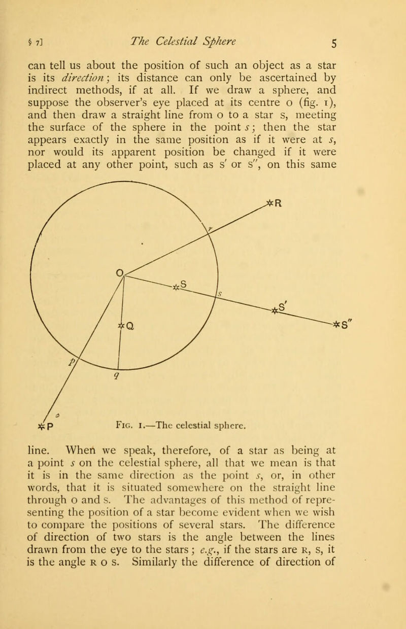 § 7] The Celestial Sphere can tell us about the position of such an object as a star is its direction; its distance can only be ascertained by indirect methods, if at all. If we draw a sphere, and suppose the observer's eye placed at its centre o (fig. i), and then draw a straight line from o to a star s, meeting the surface of the sphere in the point s; then the star appears exactly in the same position as if it were at s, nor would its apparent position be changed if it were placed at any other point, such as s' or s, on this same *P Fig. i.—The celestial sphere line. When we speak, therefore, of a star as being at a point s on the celestial sphere, all that we mean is that it is in the same direction as the point s, or, in other words, that it is situated somewhere on the straight line through o and S. The advantages of this method of repre- senting the position of a star become evident when we wish to compare the positions of several stars. The difference of direction of two stars is the angle between the lines drawn from the eye to the stars; e.g., if the stars are r, s, it is the angle r o s. Similarly the difference of direction of