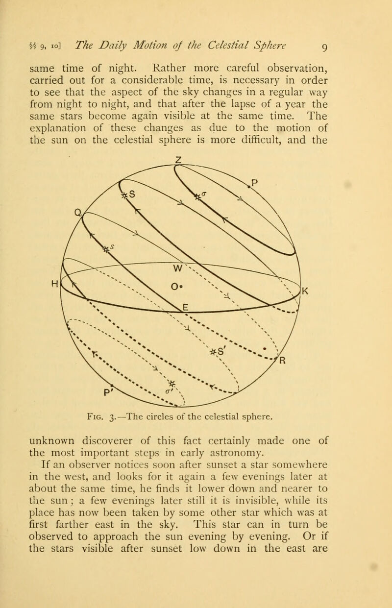 same time of night. Rather more careful observation, carried out for a considerable time, is necessary in order to see that the aspect of the sky changes in a regular way from night to night, and that after the lapse of a year the same stars become again visible at the same time. The explanation of these changes as due to the motion of the sun on the celestial sphere is more difficult, and the Fig. 3.—The circles of the celestial sphere. unknown discoverer of this fact certainly made one of the most important steps in early astronomy. If an observer notices soon after sunset a star somewhere in the west, and looks for it again a few evenings later at about the same time, he finds it lower down and nearer to the sun; a few evenings later still it is invisible, while its place has now been taken by some other star which was at first farther east in the sky. This star can in turn be observed to approach the sun evening by evening. Or if the stars visible after sunset low down in the east are