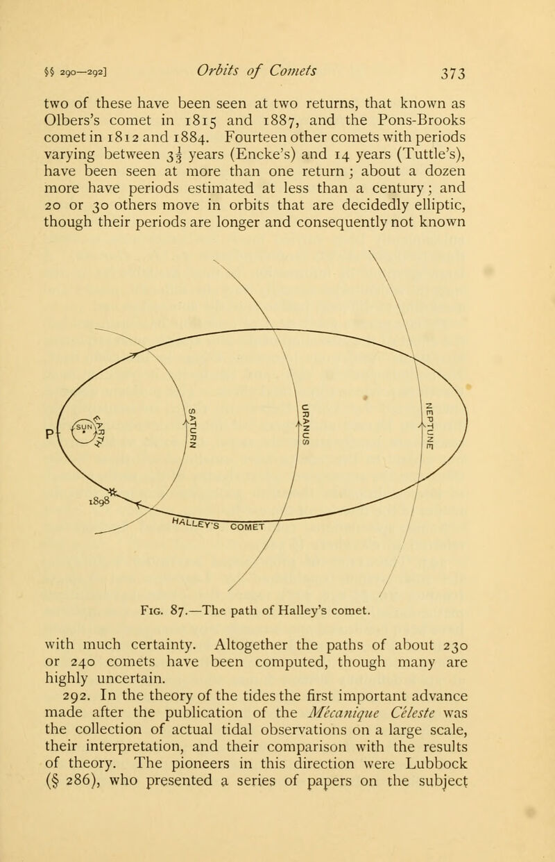 two of these have been seen at two returns, that known as Olbers's comet in 1815 and 1887, and the Pons-Brooks comet in 1812 and 1884. Fourteen other comets with periods varying between 35 years (Encke's) and 14 years (Tuttle's), have been seen at more than one return ; about a dozen more have periods estimated at less than a century; and 20 or 30 others move in orbits that are decidedly elliptic, though their periods are longer and consequently not known Fig. 87.—The path of Halley's comet. with much certainty. Altogether the paths of about 230 or 240 comets have been computed, though many are highly uncertain. 292. In the theory of the tides the first important advance made after the publication of the Mecanique Celeste was the collection of actual tidal observations on a large scale, their interpretation, and their comparison with the results of theory. The pioneers in this direction were Lubbock (§ 286), who presented a series of papers on the subject