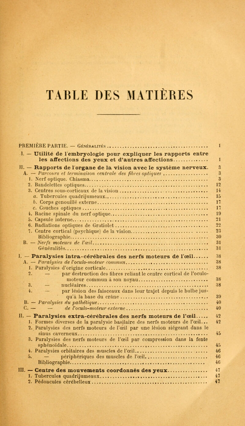 TABLE DES MATIÈRES PREMIERE PARTIE. — Généralités 1 I. — Utilité de l'embryologie pour expliquer les rapports entre les affections des yeux et d'autres affections 1 H. — Rapports de l'organe de la vision avec le système nerveux. 3 A. — Parcours et terminaison centrale des fibres optiques 3 1. Nerf optique. Chiasma 3 2. Bandelettes optiques 12 3. Centres sous-corticaux de la vision 14 a. Tubercules quadrijumeaux , 15 b. Corps genouillé externe 17 c. Couches optiques 17 4. Racine spinale du nerf optique 19 5. Capsule interne 21 6. Radiations optiques de Gratiolet 22 7. Centre cortical (psychique) de la vision 23 Bibliographie 30 B. — Nerfs moteurs de l'œil 31 Généralités 31 I. — Paralysies intra-cérébrales des nerfs moteurs de l'œil 38 A. — Paralysies de l'oculo-moteur commun 38 1. Paralysies d'origine corticale 38 2. — par destruction des fibres reliant le centre cortical de l'oculo- moteur commun à son noyau 38 3. — nucléaires 38 4. — par lésion des faisceaux dans leur trajet depuis le bulbe jus- qu'à la base du crâne 39 B. — Paralysies du pathétique 40 C. — — de l'oculo-moteur externe 40 II. — Paralysies extra-cérébrales des nerfs moteurs de l'œil 42 1. Formes diverses de la paralysie basilaire des nerfs moteurs de l'oeil... 42 2. Paralysies des nerfs moteurs de l'oeil par une lésion siégeant dans le sinus caverneux 45 3. Paralysies des nerfs moteurs de l'œil par compression dans la fente sphénoïdale 45 4. Paralysies orbitaires des muscles de l'œil 46 5. — périphériques des muscles de l'œil 46 Bibliographie 46 III. — Centre des mouvements coordonnés des yeux 47 1. Tubercules quadrijumeaux 47