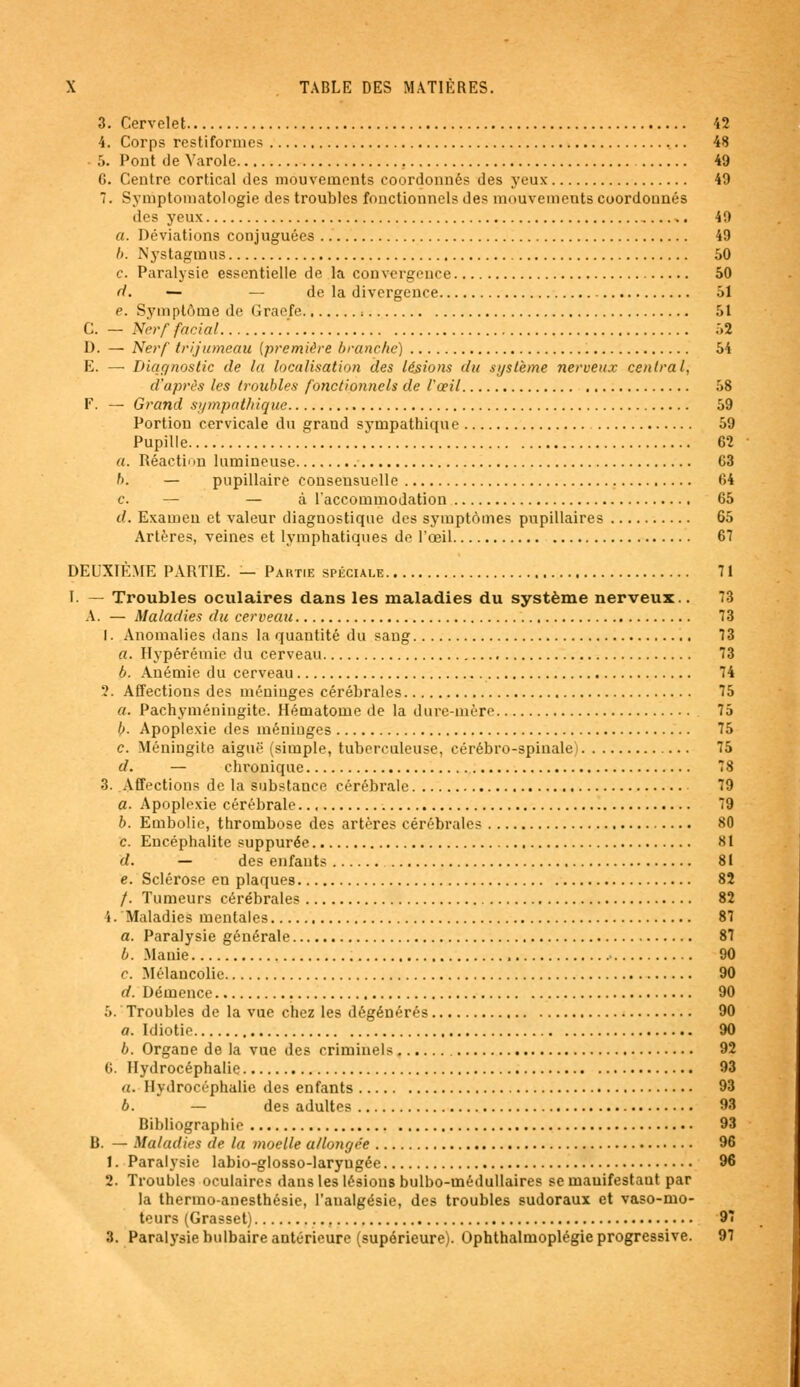 3. Cervelet 42 4. Corps restifonnes 48 • 5. Pont de Varolc 49 6. Centre cortical des mouvements coordonnés des yeux 49 7. Symptomatologie des troubles fonctionnels des mouvements coordonnés des yeux 49 a. Déviations conjuguées 49 Il Nystagmus 50 c. Paralysie essentielle de la convergence 50 d. — — de la divergence 51 e. Symptôme de Graefe ■. 51 C. — Nerf facial .' 52 I). — Nerf trijumeau [première branche) 54 E. — Diagnostic de la localisation des lésions du système nerveux central, d'après les troubles fonctionnels de l'œil 58 F. — Grand sympathique 59 Portion cervicale du grand sympathique 59 Pupille 62 a. Réaction lumineuse 63 b. — pupillaire consensuelle 64 c. — — à l'accommodation 65 d. Examen et valeur diagnostique des symptômes pupillaires 65 Artères, veines et lymphatiques de l'œil 67 DEUXIÈME PARTIE. — Partie spéciale 71 I. — Troubles oculaires dans les maladies du système nerveux.. 73 A. — Maladies du cerveau 73 I. Anomalies dans la quantité du sang 73 a. Hypérémie du cerveau 73 6. Anémie du cerveau 74 ?. Affections des méninges cérébrales 75 a. Pachyméningitc. Hématome de la durc-mèro 75 b. Apoplexie des méninges 75 c. Méningite aiguë (simple, tuberculeuse, cérébro-spinale) 75 d. — chronique 78 3. Affections de la substance cérébrale 79 a. Apoplexie cérébrale 9 b. Embolie, thrombose des artères cérébrales 80 c. Encéphalite suppurée 81 d. — des enfants 81 e. Sclérose en plaques 82 /. Tumeurs cérébrales 82 i. Maladies mentales 87 a. Paralysie générale 87 b. Manie • 90 c. Mélancolie 90 d. Démence 90 5. Troubles de la vue chez les dégénérés 90 «.Idiotie 90 b. Organe de la vue des criminels 92 C». Hydrocéphalie 93 a. Hydrocéphalie des enfants 93 b. — des adultes 03 Bibliographie 93 B. — Maladies de la moelle allongée 96 1. Paralysie labio-glosso-laryugée 96 2. Troubles oculaires dans les lésions bulbo-médullaires se inauifestaut par la thermo-anesthésie, l'analgésie, des troubles sudoraux et vaso-mo- teurs (Grasset) 97 3. Paralysie bulbaire antérieure (supérieure). Ophthalmoplégie progressive. 97