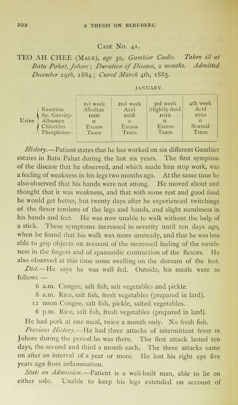 Case No. 41. TEO AH CHEE (Male), age 30, Gambier Coolie. Taken ill at Batu Pahat, Johore; Duration of Disease, 2 months. Admitted December 29th, 1884; Cured March 4th, 1885. JANUARY. Urine / Reaction I Sp. Gravity ' Alh..., Albumen Chlorides - Phosphates - 1st week Alkaline 1006 2nd week Acid 1008 3rd week •Slightly Acid IOIO 4th week Acid 1010 0 Excess Trace 0 Excess Trace 0 Excess Trace 0 Normal Trace History.—Patient states that he has worked on six different Gambier estates in Batu Pahat during the last six years. The first symptom of the disease that he observed, and which made him stop work, was a feeling of weakness in his legs two months ago. At the same time he also observed that his hands were not strong. He moved about and thought that it was weakness, and that with some rest and good food he would get better, but twenty days after he experienced twitchings of the flexor tendons of the legs and hands, and slight numbness in his hands and feet. He was now unable to walk without the help of a stick. These symptoms increased in severity until ten days ago, when he found that his walk was more unsteady, and that he was less able to grip objects on account of the increased feeling of the numb- ness in the fingers and of spasmodic contraction of the flexors. He also observed at this time some swelling on the dorsum of the feet. Diet.—He says he was well fed. Outside, his meals were as follows — 6 a.m. Congee, salt fish, salt vegetables and pickle. 8 a.m. Rice, salt fish, fresh vegetables (prepared in lard). 12 noon Congee, salt fish, pickle, salted vegetables. 6 p.m. Rice, salt fish, fresh vegetables (prepared in lard). He had pork at one meal, twice a month only. No fresh fish. Previous History.—He had three attacks of intermittent fever in Johore during the period he was there. The first attack lasted ten days, the second and third a month each. The three attacks came on after an interval of a year or more. He lost his right eye five years ago from inflammation. State on Admission.—Patient is a well-built man, able to lie on either side. Unable to keep his legs extended on account of