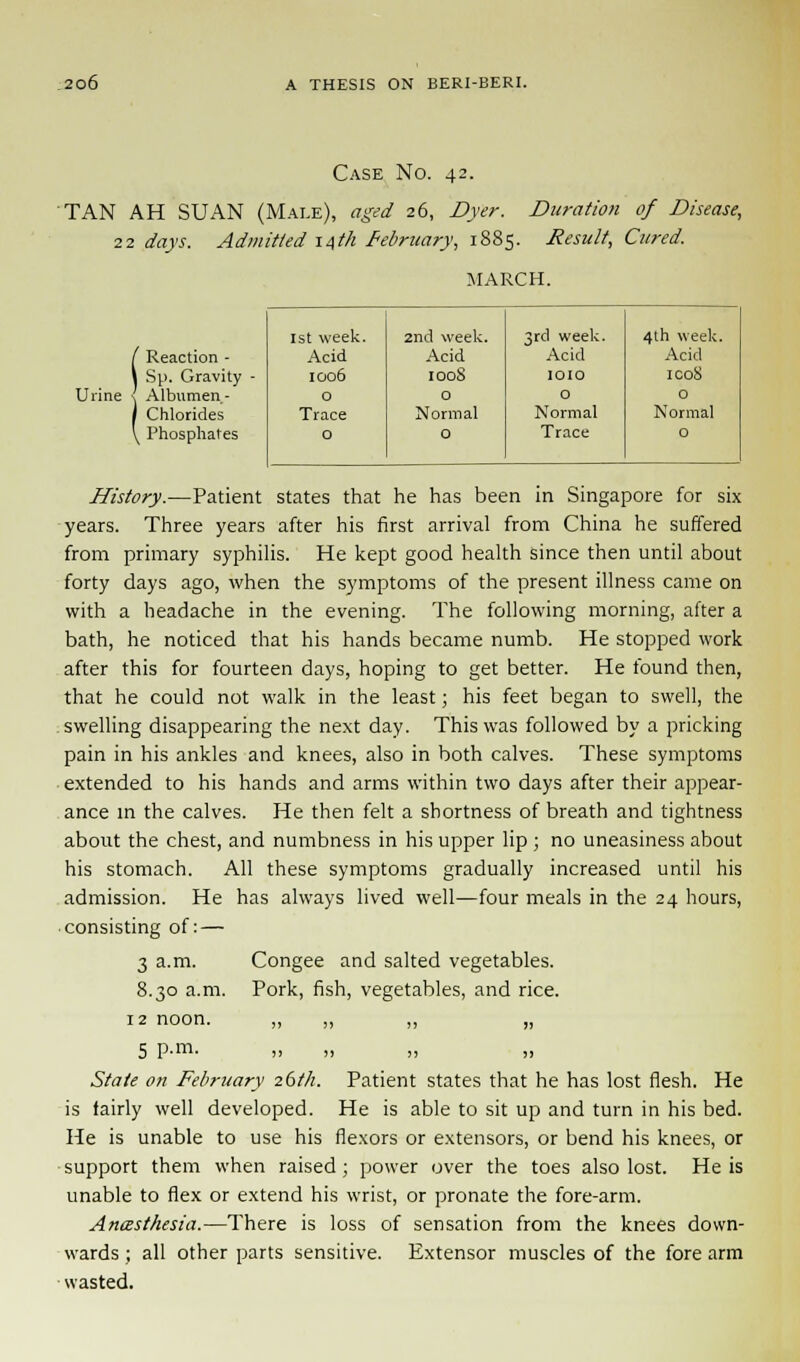 Case No. 42. TAN AH SUAN (Male), aged 26, Dyer. Duration of Disease, 22 days. Admitted 14th February, 1885. Result, Cured. MARCH. /Reai Sp. / A IK, Reaction - Gravity Urine { Albumen- J Chlorides \ Phosphates 1st week. Acid 1006 2nd week. Acid 100S 3rd week. Acid IOIO 4th week. Acid icoS 0 Trace 0 0 Normal 0 0 Normal Trace 0 Normal 0 History.—Patient states that he has been in Singapore for six years. Three years after his first arrival from China he suffered from primary syphilis. He kept good health since then until about forty days ago, when the symptoms of the present illness came on with a headache in the evening. The following morning, after a bath, he noticed that his hands became numb. He stopped work after this for fourteen days, hoping to get better. He found then, that he could not walk in the least; his feet began to swell, the swelling disappearing the next day. This was followed by a pricking pain in his ankles and knees, also in both calves. These symptoms extended to his hands and arms within two days after their appear- ance in the calves. He then felt a shortness of breath and tightness about the chest, and numbness in his upper lip ; no uneasiness about his stomach. All these symptoms gradually increased until his admission. He has always lived well—four meals in the 24 hours, consisting of: — 3 a.m. Congee and salted vegetables. 8.30 a.m. Pork, fish, vegetables, and rice. 5 P-m- >. .1 » » State on February 26th. Patient states that he has lost flesh. He is fairly well developed. He is able to sit up and turn in his bed. He is unable to use his flexors or extensors, or bend his knees, or support them when raised; power over the toes also lost. He is unable to flex or extend his wrist, or pronate the fore-arm. Anaesthesia.—There is loss of sensation from the knees down- wards ; all other parts sensitive. Extensor muscles of the fore arm wasted.