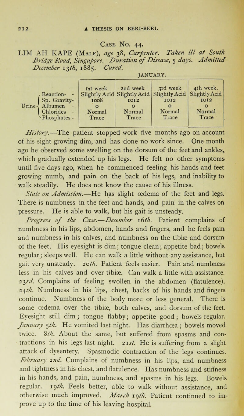 1st week Slightly Acid 1008 2nd week Slightly Acid 1012 3rd week Slightly Acid 1012 4th week. Slightly Acid 1012 0 Normal Trace 0 Normal Trace 0 Normal Trace 0 Normal Trace Case No. 44. LIM AH KAPE (Male), age 38, Carpenter. Taken ill at South Bridge Road, Singapore. Duration of Disease, 5 days. Ad?nitted December i$th, 1885. Cured. JANUARY. (Reaction- - Sp. Gravity- Albumen Chlorides Phosphates - History.—The patient stopped work five months ago on account of his sight growing dim, and has done no work since. One month ago he observed some swelling on the dorsum of the feet and ankles, which gradually extended up his legs. He felt no other symptoms until five days ago, when he commenced feeling his hands and feet growing numb, and pain on the back of his legs, and inability to walk steadily. He does not know the cause of his illness. State on Admission.—He has slight oedema of the feet and legs. There is numbness in the feet and hands, and pain in the calves on pressure. He is able to walk, but his gait is unsteady. Progress of the Case.-—December 16th. Patient complains of numbness in his lips, abdomen, hands and fingers, and he feels pain and numbness in his calves, and numbness on the tibiae and dorsum of the feet. His eyesight is dim; tongue clean; appetite bad; bowels regular; sleeps well. He can walk a little without any assistance, but gait very unsteady. 2oi'/z. Patient feels easier. Pain and numbness less in his calves and over tibiae. Can walk a little with assistance. 2yd. Complains of feeling swollen in the abdomen (flatulence). 24th. Numbness in his lips, chest, backs of his hands and fingers continue. Numbness of the body more or less general. There is some oedema over the tibiae, both calves, and dorsum of the feet. Eyesight still dim; tongue flabby; appetite good; bowels regular. January $th. He vomited last night. Has diarrhoea; bowels moved twice. St/i. About the same, but suffered from spasms and con- tractions in his legs last night. 21st. He is suffering from a slight attack of dysentery. Spasmodic contraction of the legs continues. February 2nd. Complains of numbness in his lips, and numbness and tightness in his chest, and flatulence. Has numbness and stiffness in his hands, and pain, numbness, and spasms in his legs. Bowels regular. 19th. Feels better, able to walk without assistance, and otherwise much improved. March 19th. Patient continued to im- prove up to the time of his leaving hospital.