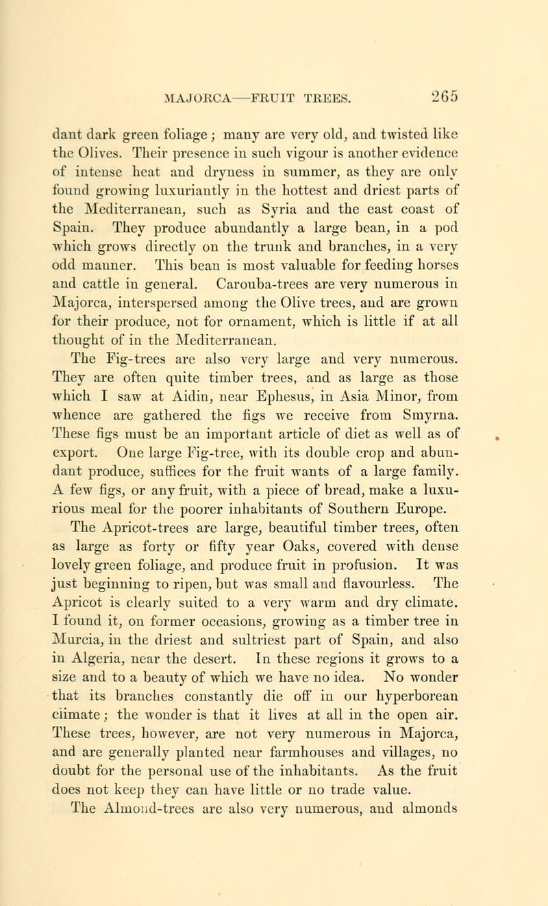 MAJORCA—FRUIT TREES. '2G5 daut dark green foliage ; many are very old, and twisted like the Olives. Their presence in such vigour is another evidence of intense heat and dryness in summer, as they are only found growing luxuriantly in the hottest and driest parts of the Mediterranean, such as Syria and the east coast of Spain. They produce abundantly a large bean, in a pod ■which grows directly on the trunk and branches, in a very odd manner. This bean is most valuable for feeding horses and cattle in general. Carouba-trees are very numerous in Majorca, interspersed among the Olive trees, and are grown for their produce, not for ornament, which is little if at all thought of in the Mediterranean. The Fig-trees are also very large and very numerous. They are often quite timber trees, and as large as those which I saw at Aidin, near Ephesus, in Asia Minor, from whence are gathered the figs we receive from Smyrna. These figs must be an important article of diet as well as of export. One large Fig-tree, with its double crop and abun- dant produce, suffices for the fruit wants of a large family. A few figs, or any fruit, with a piece of bread, make a luxu- rious meal for the poorer inhabitants of Southern Europe. The Apricot-trees are large, beautiful timber trees, often as large as forty or fifty year Oaks, covered with dense lovely green foliage, and produce fruit in profusion. It was just beginning to ripen, but was small and flavourless. The Apricot is clearly suited to a very warm and dry climate. I found it, on former occasions, growing as a timber tree in Murcia, in the driest and sultriest part of Spain, and also in Algeria, near the desert. In these regions it grows to a size and to a beauty of which we have no idea. No wonder that its branches constantly die off in our hyperborean climate; the wonder is that it lives at all in the open air. These trees, however, are not very numerous in Majorca, and are generally planted near farmhouses and villages, no doubt for the personal use of the inhabitants. As the fruit does not keep they can have little or no trade value. The Almond-trees are also very numerous, and almonds