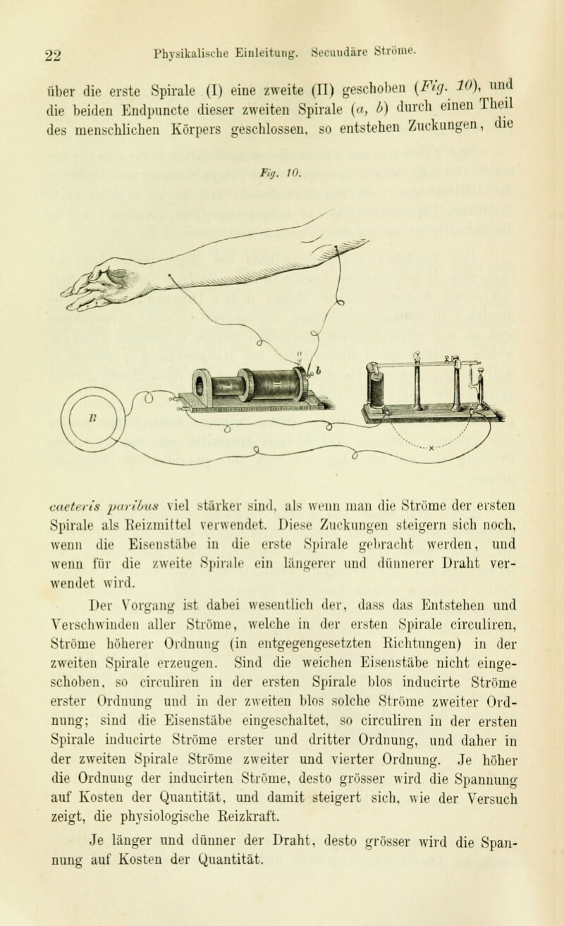 über die erste Spirale (I) eine zweite (II) gescholten {Fig. 10), und die beiden Endpuncte dieser zweiten Spirale (a, l>) durch einen Theil des menschlichen Körpers geschlossen, so entstehen Zuckungen, die Fig. 10. cuetcris parilnu viel starker sind, als wenn man die Ströme der ersten Spirale als Reizmittel verwendet. Diese Zuckungen steigern sich noch, wenn die Eisenstäbe in die erste Spirale gebracht werden, und wenn für die zweite Spirale ein längerer und dünnerer Draht ver- wende wird. Der Vorgang ist dabei wesentlich der, dass das Entstehen und Verschwinden aller Ströme, welche in der ersten Spirale circuliren, Ströme höherer Ordnung (in entgegengesetzten Richtungen) in der zweiten Spirale erzeugen. Sind die weichen Eisenstäbe nicht einge- schoben, so circuliren in der ersten Spirale blos inducirte Ströme erster Ordnung und in der zweiten blos solche Ströme zweiter Ord- nung; sind die Eisenstäbe eingeschaltet, so circuliren in der ersten Spirale inducirte Ströme erster und dritter Ordnung, und daher in der zweiten Spirale Ströme zweiter und vierter Ordnung. Je höher die Ordnung der inducirten Ströme, desto grösser wird die Spannung auf Kosten der Quantität, und damit steigert sich, wie der Versuch zeigt, die physiologische Reizkraft. Je länger und dünner der Draht, desto grösser wird die Span- nung auf Kosten der Quantität.