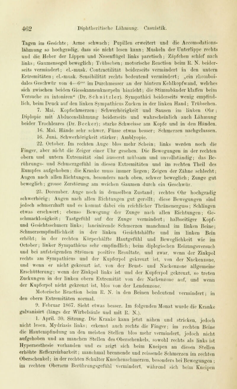 402 Diphtheritische Lähmung. Casuistik. Tagen im Gesichte; Arme schwach; Pupillen erweitert und die Accomodations- lahmung so hochgradig, dass sie nicht lesen kann-, Muskeln der Unterlippe rechte und die Heber der Lippen und Nasenflügel links paretisch ; Zäpfchen SChlef nach links; Gaumensegel beweglich: Trübsehen; motorische Reaetion beim E. N. beider- seits vermindert; el.-musk. Cuntractilitat beiderseits vermindert in den untern Ertremitäten; el.-musk. Sensibilität rechts bedeutend vermindert; „ein rhomboi- dales Geschwür von 4— ti' im Durchmesser an der hintern Kehlkopfwand, welches sich zwischen beiden Giesakannenknorpeln hinzieht-, die Stimmbänder klaffen beim Versuche zu intoniren (Dr. Schnitzler). Sympathici beiderseits wenig empfind- lich, beim Druck auf den linken Sympathicus Zucken in der linken Hand: Trübsehen. 7. Mai. Kopfschmerzen: Schwerhörigkeit und Sausen im linken Ohr; Diplopie mit Abdncenslähmung beiderseits und wahrscheinlich auch Lähmung beider Trochlearea (Dr. Becker); starke Schweisse am Kopfe und in den Händen. I'i. Mai. Hände sein- schwer, Küsse etwas besser: Schmerzen nachgelassen. 16. Juni. Schwerhörigkeit stärker: Amblyopie. 22. October. Im rechten Auge bloa mehr Schein; links werden mich die Finger, aber nicht die Zeiger eim-r Ihr gesehen. In'o Bewegungen in der reihten oben und untern Extremität sind äusserst mühsam und unvollständig; das Be- rührung:- and Schmerzgefühl in diesen Extremitäten und im rechten Theü des Rumpfes aufgehoben; die Kranke rauss immer liegen: Zeigen der Zähne schlecht; Augen nach allen Richtungen, besonders nach oben, Bchwer beweglich; Zunge gut beweglieh; grosse Zerstörung am weichen liaumen durch ein Geschwür. 28. December. Inge noch in demselben Zustand; rechtes Ohr hochgradig schwerhörig; Augen nach allen Richtungen gut gerollt; diese Bewegungen sind jedoch schmerzhaft ihm! es Uniint dabei ein reichlicher Tliränenerguss; Schlingen etwas erschwert; ebenso Bewegung der Zunge nach allen Richtungen-, Ge- Bchmacklosjgkeit; Tastgefühl auf der Zunge vermindert; halbseitiger Kopf- und Gemchtsscbmerz links; lancinirende Schmerzen manchmal im linken Beine; Schmerzempflndlichkeit in der linken Gesichtshälfte und im linken Bein erheht; in der rechten knrperhälfte Hautgefiihl und Beweglichkeit wie im October; linker Sympathicus sehr empfindlich; beim diplegischen Reizungsversuch und bei aufsteigenden Strömen positive Resultate, und zwar, wenn der Zinkpol rechts am Sympathicus und der Kupferpol gekreuzt ist, von der Nackenzone, und wenn er nicht gekreuzt ist. von der Brust- und Nackenzone allgemeine Erschütterung: wenn der Zinkpol links ist und der Kflpferpol gekreuzt, SO treten Zuckungen in der linken obern Extremität von der Nackenzone auf, und wenn der Kupferpol nicht gekreuzt ist. Mos von der Lendenzone. Motorische Reaction beim R. N. in den Beinen bedeutend vermindert; in den obern Extremitäten normal. 9. Februar 1867. Siebt etwas besser. Im folgenden Monat wurde die Kranke galvanisirt (längs der Wirbelsäule und mit R. N.). 1. April. 30. Sitzung. Die Kranke kann jetzt nähen und stricken, jedoch nicht lesen, Mydriasis links; erkennt auch rechts die Finger; im rechten Beine die Hautempfindung an den meisten Stellen blos mehr vermindert, jedoch nicht aufgehoben und an manchen Stellen des Oberschenkels, sowohl rechts als links ist Hyperaesthesie vorhanden und es zeigt sich beim Kneipen an diesen Stellen erhellte Reflexreizbarkeit; manchmal brennende und reissende Schmerzen im rechten Oberschenkel: in der rechten Schulter Knochenschmerzen, besonders bei Bewegungen ; im rechten Oberarm Berührungsgefühl vermindert, während sich beim Kneipen