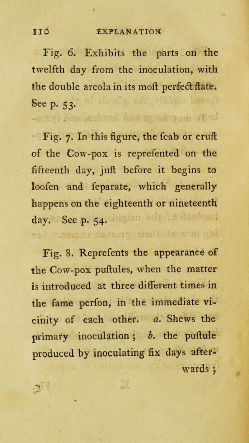 Fig. 6. Exhibits the parts on the twelfth day from the inoculation, with the double areola in its molt perfedl ftate. See p. 53. Fig. 7. In this figure, the fcab or eruft of the Cow-pox is reprefented on the fifteenth day, juft before it begins to loofen and feparate, which generally happens on the eighteenth or nineteenth day. See p. 54. Fig. 8. Reprefents the appearance of the Cow-pox puftules, when the matter is introduced at three different times in the fame perfon, in the immediate vi- cinity of each other, a. Shews the primary inoculation; b. the puftule produced by inoculating fix days after- wards ;
