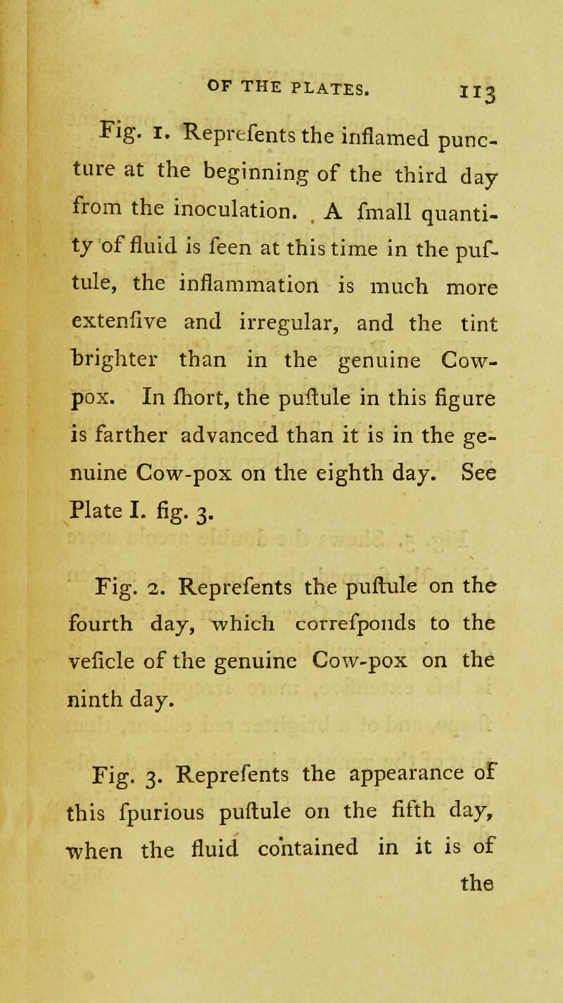Fig. i. Reprefents the inflamed punc- ture at the beginning of the third day from the inoculation. , A fmall quanti- ty of fluid is feen at this time in the puf- tule, the inflammation is much more extenfive and irregular, and the tint brighter than in the genuine Cow- pox. In fhort, the puftule in this figure is farther advanced than it is in the ge- nuine Cow-pox on the eighth day. See Plate I. fig. 3. Fig. 2. Reprefents the puftule on the fourth day, which correfponds to the veficle of the genuine Cow-pox on the ninth day. Fig. 3. Reprefents the appearance of this fpurious puftule on the fifth day, when the fluid contained in it is of the