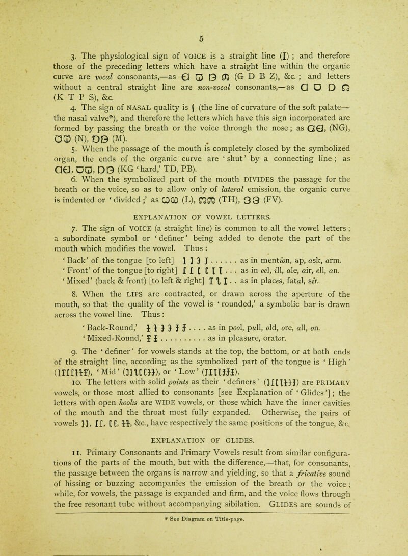 those of the preceding letters which have a straight line within the organic curve are vocal consonants,—as Q Q t3 6*3 (G D B Z), &c. ; and letters without a central straight line are non-vocal consonants,— as Q D D Q (K T P S), &c. 4. The sign of NASAL quality is j (the line of curvature of the soft palate— the nasal valve*), and therefore the letters which have this sign incorporated are formed by passing the breath or the voice through the nose; as QQ, (NG), OQ (N), DB (M). 5. When the passage of the mouth is completely closed by the symbolized organ, the ends of the organic curve are ' shut' by a connecting line ; as Cia O0, DO (KG 'hard,' TD, PB). 6. When the symbolized part of the mouth divides the passage for the breath or the voice, so as to allow only of lateral emission, the organic curve is indented or 'divided;' as CDCO (L), S2S»D (TH), 33 (FV). EXPLANATION OF VOWEL LETTERS. 7. The sign of VOICE (a straight line) is common to all the vowel letters; a subordinate symbol or 'definer' being added to denote the part of the mouth which modifies the vowel. Thus : ' Back' of the tongue [to left] X 3 3 J as in mention, up, ask, arm. ' Front' of the tongue [to right] f £ [ C I I • • • as in eel, ill, ale, air, ell, an. ' Mixed' (back & front) [to left & right] I X I • • as in places, fatal, sir. 8. When the LIPS are contracted, or drawn across the aperture of the mouth, so that the quality of the vowel is ' rounded,' a symbolic bar is drawn across the vowel line. Thus : ' Back-Round,' } \ J J J J . . . . as in pool, ptdl, old, ore, all, on. ' Mixed-Round,' | i as in pleasure, orator. 9. The ' definer' for vowels stands at the top, the bottom, or at both ends of the straight line, according as the symbolized part of the tongue is ' High' (1III11I), 'Mid' (]]XCC}J),or 'Low'(JIUJJI). 10. The letters with solid points as their ' definers ' (3 It 113 J) are PRIMARY vowels, or those most allied to consonants [see Explanation of ' Glides']; the letters with open hooks are WIDE vowels, or those which have the inner cavities of the mouth and the throat most fully expanded. Otherwise, the pairs of vowels 33 ■ II, [ C 11, &c., have respectively the same positions of the tongue, &c. EXPLANATION OF GLIDES. 11. Primary Consonants and Primary Vowels result from similar configura- tions of the parts of the mouth, but with the difference,—that, for consonants, the passage between the organs is narrow and yielding, so that a fricative sound of hissing or buzzing accompanies the emission of the breath or the voice ; while, for vowels, the passage is expanded and firm, and the voice flows through the free resonant tube without accompanying sibilation. GLIDES are sounds of * See Diagram on Title-page.