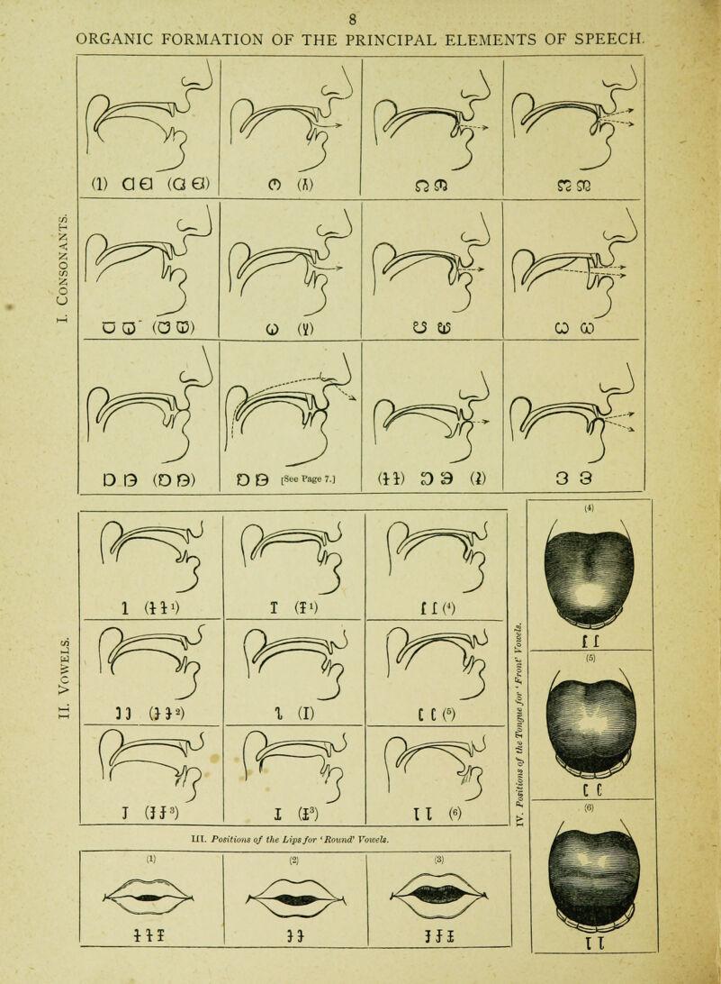 ORGANIC FORMATION OF THE PRINCIPAL ELEMENTS OF SPEECH. (1) QQ (QG) o a) Q& Stf ST2 DO' (OG5) Q («) 12 W O GO D 13 (DO) OB [See Page 7.] (H) D 3 (1) 1 (ll1) rx^=^^\ \ fl(4) I (I1) 9^ 3 3 (H1) 1 (I) 9r% t C(6) I (£3)  II («) III. Positions of the Lips for ' Round Vowels. 111 (2) J3- (3) ill
