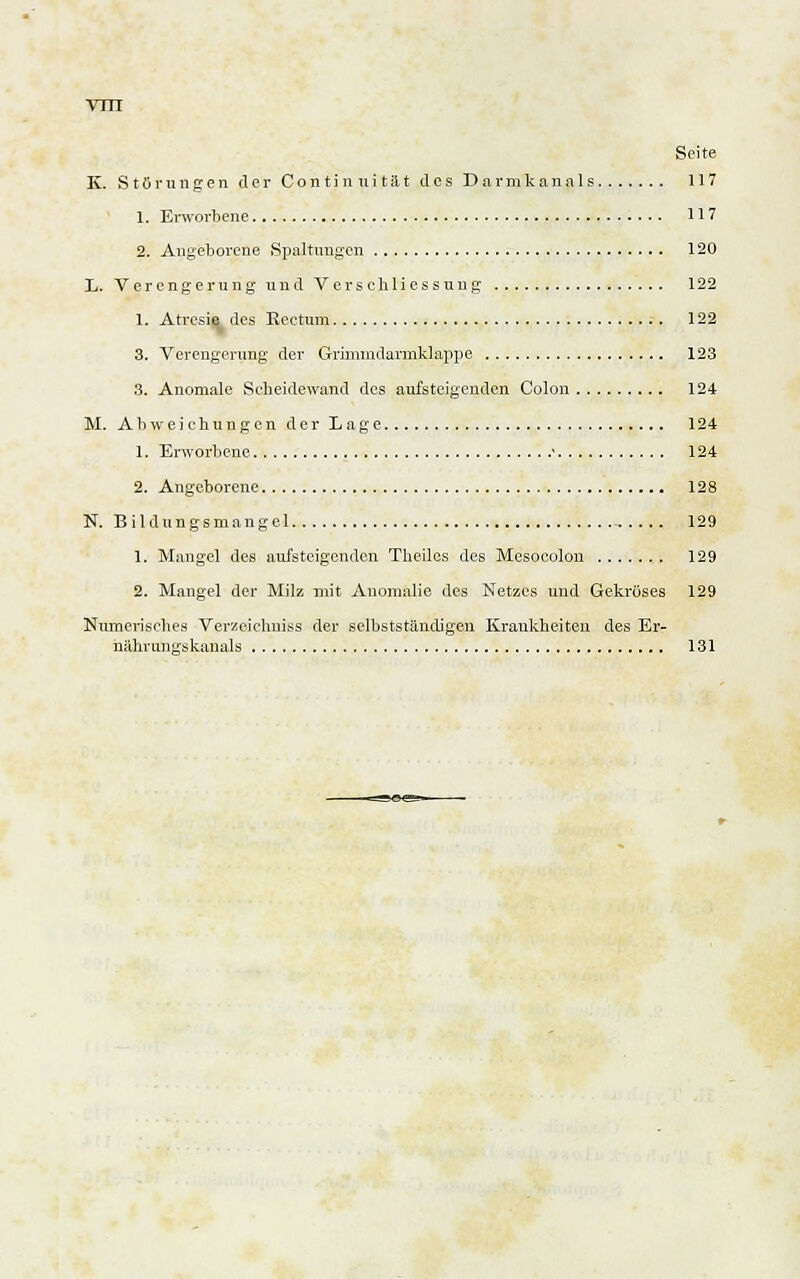 Seite K. Störungen der Co n t i n u i t ä t des D a r m k a n a 1 s 117 1. Erworbene 117 2. Angeborene Spaltungen 120 L. Verengerung und VerSchliessung 122 1. Atresie des Rectum 122 3. Verengerung der Grimnidarmklappe 123 3. Anomale Scheidewand des aufsteigenden Colon 124 M. Abweichungen der Lage 124 1. Erworbene ' 124 2. Angeborene 128 N. Bildungsmangel 129 1. Mangel des aufsteigenden Theilcs des Mesoeolon 129 2. Mangel der Milz mit Anomalie des Netzes und Gekröses 129 Numerisches Verzeichuiss der sclbstständigen Krankheiten des Er- nährungskanals 131