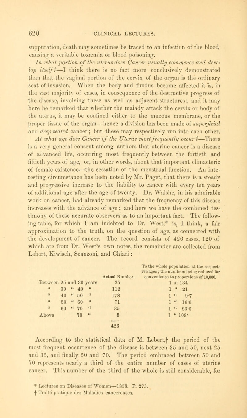 suppuration, death may sometimes be traced to an infecticn of tlie blood, causing a veritable toxaemia or blood poisoning. In to ha 1port ion of the uterus does Cancer usually commence and deve- lop itself?—I think there is no fact more conclusively demonstrated than that the vaginal portion of the cervix of the organ is the ordinary seat of invasion. When the body and fundus become affected it is, in the vast majority of cases, in consequence of the destructive progress of the disease, involving these as well as adjacent structures; and it may here be remarked that whether the malady attack the cervix or body of the uterus, it may be confined either to the mucous membrane, or the proper tissue of the organ—hence a division has been made of superficial and deep-seated cancer; but these may respectively run into each other. At what age does Cancer of the Uterus most frequently occur?—There is a very general consent among authors that uterine cancer is a disease of advanced life, occurring most frequently between the fortieth and fiftieth years of age, or, in other words, about that important climacteric of female existence*—the cessation of the menstrual function. An inte- resting circumstance has been noted by Mr. Paget, that there is a steady and progressive increase to the liability to cancer with every ten years of additional age after the age of twenty. Dr. Walshe, in his admirable work on cancer, had already remarked that the frequency of this disease increases with the advance of age ; and here we have the combined tes- timony of these accurate observers as to an important fact. The follow- ing table, for which I am indebted to Dr. West,* is, I think, a fair approximation to the truth, on the question of age, as connected with the development of cancer. The record consists of 426 cases, 120 of which are from Dr. West's own notes, the remainder are collected from Lebcrt, Kiwisch, Scanzoni, and Chiari: Above 25 and 30 years Actual Number. 25 To the -whole population at the respect- ive ages; the numbers being reduced for convenience to proportions of 10,000. 1 in 134 30  40  112 1  21 40  50  178 1  97 50 » 60  71 1  16-6 60  70  35 1 « 23-6 70  5 1  108- 426 According to the statistical data of M. Lebert,f the period of the most frequent occurrence of the disease is between 35 and 50, next 25 and 35, and finally 50 and 70. The period embraced between 50 and *70 represents nearly a third of the entire number of cases of uterine cancer. This number of the third of the whole is still considerable, for * Lectures on Diseases of Women—1858. P. 273. f Traite pratique des Maladies cancereuses.