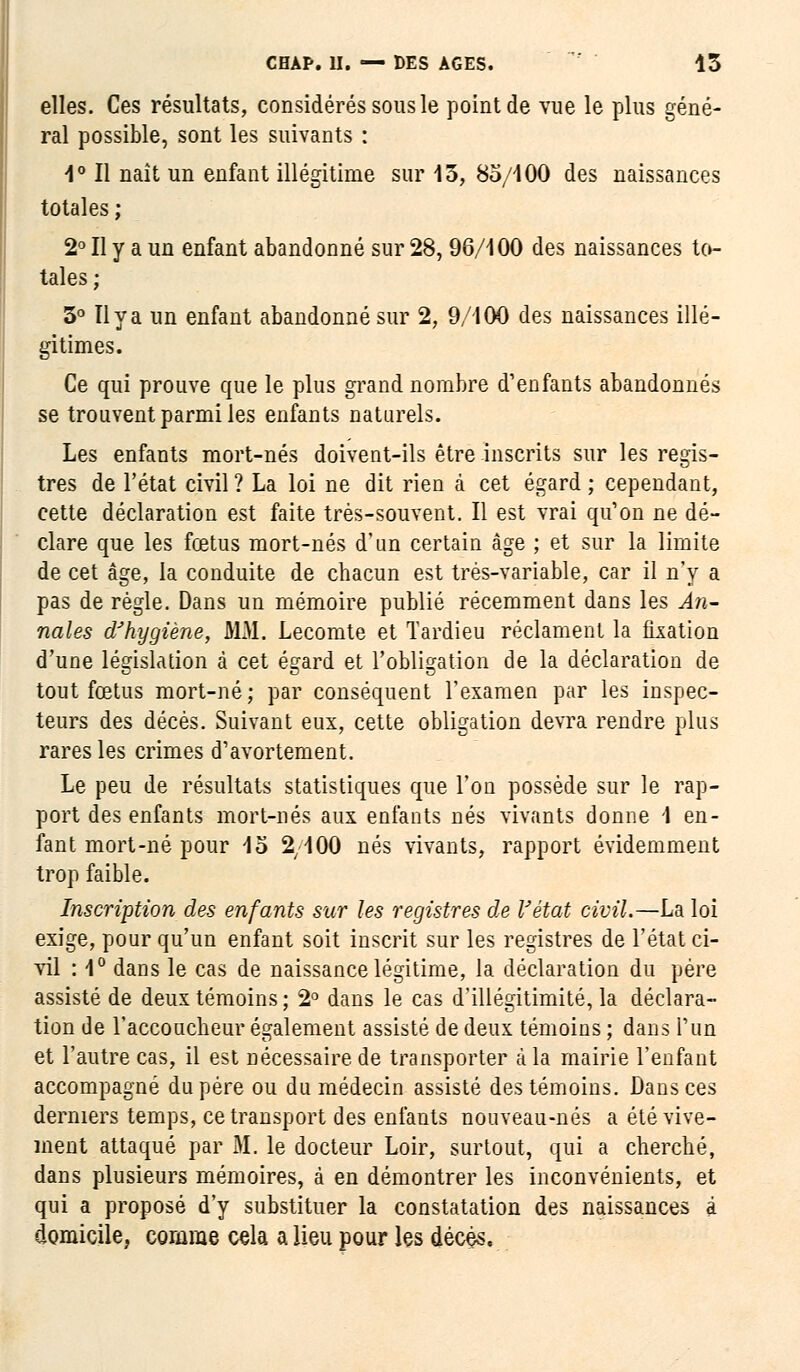 elles. Ces résultats, considérés sous le point de vue le plus géné- ral possible, sont les suivants : i° Il naît un enfant illégitime sur 15, 85/100 des naissances totales ; 2° Il y a un enfant abandonné sur 28, 96/100 des naissances to- tales ; 3° Il y a un enfant abandonné sur 2, 9/100 des naissances illé- gitimes. Ce qui prouve que le plus grand nombre d'enfants abandonnés se trouvent parmi les enfants naturels. Les enfants mort-nés doivent-ils être inscrits sur les regis- tres de l'état civil ? La loi ne dit rien à cet égard ; cependant, cette déclaration est faite très-souvent. Il est vrai qu'on ne dé- clare que les fœtus mort-nés d'un certain âge ; et sur la limite de cet âge, la conduite de chacun est trés-variable, car il n'y a pas de règle. Dans un mémoire publié récemment dans les An- nales d'hygiène, M3I. Lecomte et Tardieu réclament la fixation d'une législation à cet égard et l'obligation de la déclaration de tout fœtus mort-né; par conséquent l'examen par les inspec- teurs des décès. Suivant eux, cette obligation devra rendre plus rares les crimes d'avortement. Le peu de résultats statistiques que l'on possède sur le rap- port des enfants mort-nés aux enfants nés vivants donne 1 en- fant mort-né pour 1o 24 00 nés vivants, rapport évidemment trop faible. Inscription des enfants sur les registres de l'état civil.—La loi exige, pour qu'un enfant soit inscrit sur les registres de l'état ci- vil : 1° dans le cas de naissance légitime, la déclaration du père assisté de deux témoins; 2° dans le cas d'illégitimité, la déclara- tion de l'accoucheur également assisté de deux témoins ; dans l'un et l'autre cas, il est nécessaire de transporter à la mairie l'enfant accompagné du père ou du médecin assisté des témoins. Dans ces derniers temps, ce transport des enfants nouveau-nés a été vive- ment attaqué par M. le docteur Loir, surtout, qui a cherché, dans plusieurs mémoires, à en démontrer les inconvénients, et qui a proposé d'y substituer la constatation des naissances à domicile, comme cela a lieu pour les décès.