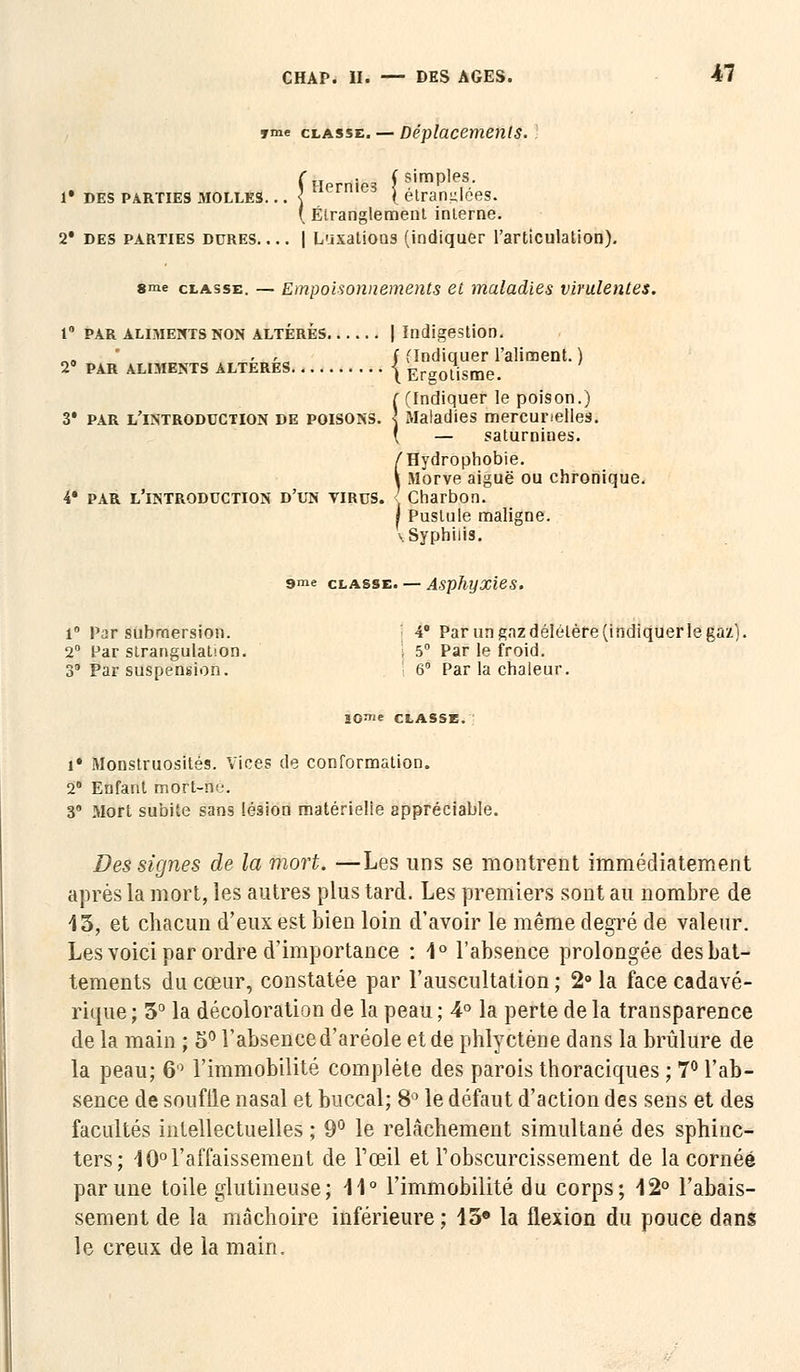 »me classe. — Déplacements. ! r DES PARTIES MOLLES. ( Étranglement interne. 2* des parties dures | Luxations (indiquer l'articulation). sme classe. — Empoisonnements et maladies virulentes. 1 par aliments non altérés | Indigestion. , , l (Indiquer l'aliment.) 2° PAR ALIMENTS ALTERES < Ersolisme. r (Indiquer le poison.) 3* par l'introduction de poisons. ] Maladies mercunelles. \ — saturnines. (Hydrophobie. Morve aiguë ou chronique. 4- par l introduction d un virus. Charbon. I Pustule maligne, v Syphilis. 9me classe. — Asphyxie.' l° Par submersion. 2° far strangulation. 3 Par suspension. 4° Par un gaz délétère (indiquer le gaz) 5° Par le froid. 6° Par la chaleur. SO'e CLASSE. i» Monstruosités. Vices de conformation. 28 Enfant mort-nu. 3° Mort subite sans lésion matérielle appréciable. Des signes de la mort. —Les uns se montrent immédiatement après la mort, les autres plus tard. Les premiers sont au nombre de 45, et chacun d'eux est bien loin d'avoir le même degré de valeur. Les voici par ordre d'importance : 4° l'absence prolongée des bat- tements du cœur, constatée par l'auscultation ; 2° la face cadavé- rique ; 5° la décoloration de la peau ; 4° la perte de la transparence de la main ; 5° l'absence d'aréole et de phlycténe dans la brûlure de la peau; 6° l'immobilité complète des parois thoraciques ; 7° l'ab- sence de souffle nasal et buccal; 8° le défaut d'action des sens et des facultés intellectuelles ; 9° le relâchement simultané des sphinc- ters; 10° l'affaissement de l'œil et Y obscurcissement de la cornée par une toile glutineuse; 41° l'immobilité du corps; 42° l'abais- sement de la mâchoire inférieure ; 43° la flexion du pouce dans le creux de la main.