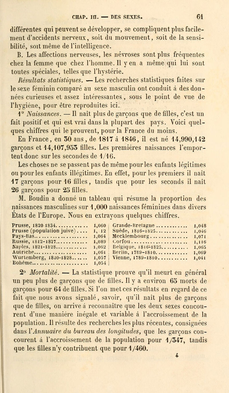 différentes qui peuvent se développer, se compliquent plus facile- ment d'accidents nerveux, soit du mouvement, soit de la sensi- bilité, soit même de l'intelligence. B. Les affections nerveuses, les névroses sont plus fréquentes chez la femme que chez l'homme. Il y en a même qui lui sont toutes spéciales, telles que l'hystérie. Résultats statistiques. — Les recherches statistiques faites sur le sexe féminin comparé au sexe masculin ont conduit à des don- nées curieuses et assez intéressantes, sous le point de vue de l'hygiène, pour être reproduites ici. 1° Naissances. — Il naît plus de garçons que de filles, c'est un fait positif et qui est vrai dans la plupart des pays. Voici quel- ques chiffres qui le prouvent, pour la France du moins. En France, en 30 ans, de 1817 à 1846, il est né 14,990,-142 garçons et 14,107,955 filles. Les premières naissances l'empor- tent donc sur les secondes de 1/16. Les choses ne se passent pas de même pour les enfants légitimes ou pour les enfants illégitimes. En effet, pour les premiers il naît 17 garçons pour 16 filles, tandis que pour les seconds il naît 26 garçons pour 25 filles. M. Boudin a donné un tableau qui résume la proportion des naissances masculines sur 1,000 naissances féminines dans divers Etats de l'Europe. Nous en extrayons quelques chiffres. Prusse, 1820 1834 1,060 Grande-Bretagne 1,048 Prusse (population juive). ... 1,12 Suède, 1816-1825 1,046 Pays-Bas 1,064 Mecklembourg 1,071 Russie, 1812-1827 1,089 Corfou 1,U6 Kaples, 1821-1828 1,062. Belgique, 1816-1825 1,065 Autriche i,06l ! Berlin, 1789-1810 1,069 Wurtemberg, 1820-1828 1,057 I Vienne, 1789-1810 i,04i Bohême 1,054 j 2° Mortalité. — La statistique prouve qu'il meurt en général un peu plus de garçons que de filles. Il y a environ 65 morts de garçons pour 64 de filles. Si l'on met ces résultats en regard de ce fait que nous avons signalé, savoir, qu'il naît plus de garçons que de filles, on arrive à reconnaître que les deux sexes concou- rent d'une manière inégale et variable à l'accroissement de la population. Il résulte des recherches les plus récentes, consignées dans Y Annuaire du bureau des longitudes, que les garçons con- courent à l'accroissement de la population pour 1/547, tandis que les filles n'y contribuent que pour 1/460.