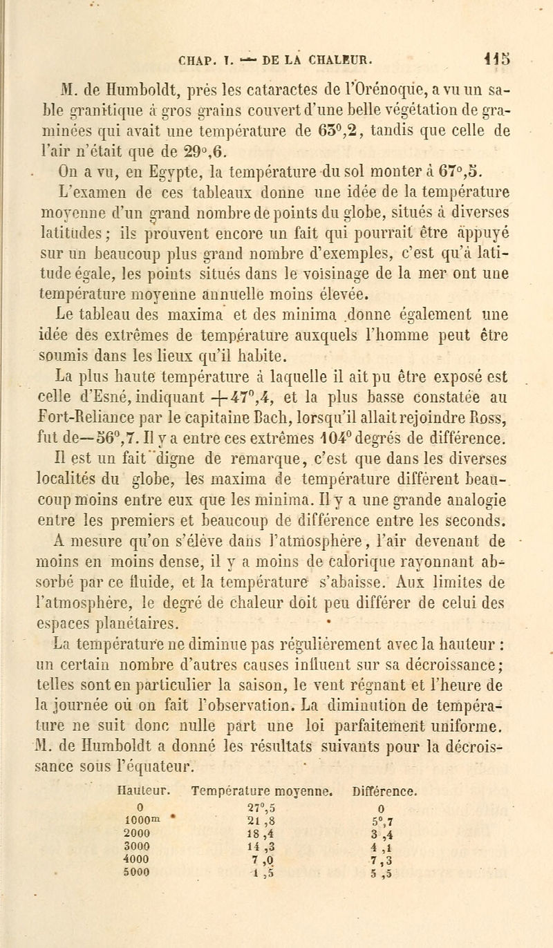 M. de Humboldt, prés les cataractes de FOrénoqiie, a vu un sa- ble granitique à gros grains couvert d'une belle végétation de gra- minées qui avait une température de 63°,2, tandis que celle de l'air n'était que de 29°,6. On a vu, en Egypte, la température du sol monter à 67°,o. L'examen de ces tableaux donne une idée de la température moyenne d'un grand nombre de points du globe, situés à diverses latitudes ; ils prouvent encore un fait qui pourrait être appuyé sur un beaucoup plus grand nombre d'exemples, c'est qu'à lati- tude égale, les points situés dans le voisinage de la mer ont une température moyenne annuelle moins élevée. Le tableau des maxima et des minima donne également une idée des extrêmes de température auxquels l'homme peut être soumis dans les lieux qu'il habite. La plus haute température à laquelle il ait pu être exposé est celle d'Esné, indiquant-j-47°,4, et la plus basse constatée au Fort-Reiiance par le capitaine Bach, lorsqu'il allait rejoindre Ross, fut de—56°,7. Il y a entre ces extrêmes 104° degrés de différence. H est un fait digne de remarque, c'est que dans les diverses localités du globe, les maxima de température diffèrent beau- coup moins entre eux que les minima. Il y a une grande analogie entre les premiers et beaucoup de différence entre les seconds. A mesure qu'on s'élève dans l'atmosphère, l'air devenant de moins en moins dense, il y a moins de calorique rayonnant ab^ sorbe par ce fluide, et la température s'abaisse. Aux limites de l'atmosphère, le degré de chaleur doit peu différer de celui des espaces planétaires. La température ne diminue pas régulièrement avec la hauteur : un certain nombre d'autres causes influent sur sa décroissance; telles sont en particulier la saison, le vent régnant et l'heure de la journée où on fait l'observation. La diminution de tempéra- ture ne suit donc nulle part une loi parfaitement uniforme. M. de Humboldt a donné les résultats suivants pour la décrois- sance sous l'équateur. Iauteur. Tempe rature moyenne. Différence. 0 27°,5 0 lOOOm ' 21 ,8 5°,7 2000 18,4 3,4 3000 14 ,3 4 ,1 4000 7,Q 7,3 5000 1 ,5 5 ,5