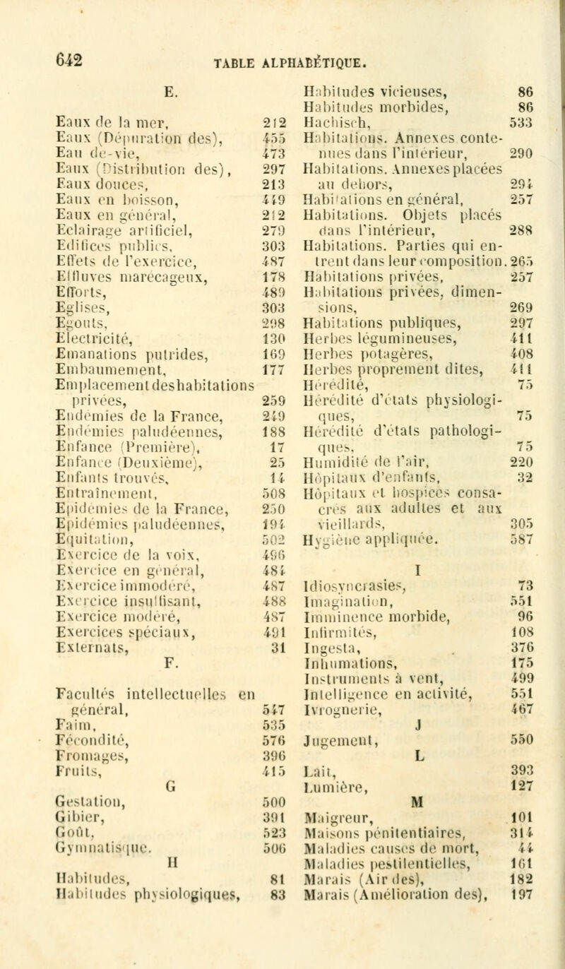 E. Eaux de In nier, Eaux (Dépuration des), Eau de-vie, Eaux (Distribution des), Eaux douces, Eaux en boisson, Eaux en généra!, Eclairage artificiel, Edifices publi< s. Effets de l'exercice, Effluves marécageux, Efforts, Eglises, Êeouts, Electricité, Emanations putrides, Embaumement, Emplacement deshabitation: privées, Endémies de la Franee, Epdémies paludéennes, Enfance Première), Enfance (Deuxième), Enfants trouvés. Entraînement, Epidémie- de la France, Epidémies paludéennes, Èquitation, Exercice de la voix. Exercice en général, Exercice immodéré. Exercice insuffisant, Exercice modéré, Exercices spéciaux, Externats, Facultés intellectuelles c général, Faim, Fécondité, Fromages, Fruits, G Gestation, Gibier, goût, (i\ miiatis jlle. II Habitudes, Habitudes physiologiqutf, 212 m 473 297 213 419 2!2 279 303 4S7 178 489 303 298 130 169 177 259 249 188 17 25 14 508 250 194 502 196 48 i- 4s7 4 S S 4S7 491 31 547 535 576 396 415 500 301 523 506 81 83 Habitudes vicieuses, Habitudes morbides, Hachisch, Habitations. Annexes conte- nues dans l'intérieur, Habitations. Annexes placées au deliors, Habitations en général, Habitations. Objets placés dans l'intérieur, Habitations. Parties qui en- trent dans leur composition Habitations privées, Habitations privées, dimen- sions, Habitations publiques, Herbes légumineuses, Herbes potagères. Herbes proprement dites, Hérédité, Hérédité d'états physiologi- ques, Hérédité d'étals pathologi- que. Humidité de l'air, Hôpitaux d'enfanfs. Hôpitaux et hospices consa- cres aux adultes et aux vieillards, Hygiène appliquée. Idiosyncrasiss, Imagination, Imminence morbide, Infirmités, Ingesta, Inhumations, Instruments à vent, intelligence en activité, ivrognei ie, Jugement, Lait, Lumière, Maigreur, Maisons pénitentiaires, Maladies causes de mort, Maladies pestilentielles, Marais (Air des), Marais (Amélioration des), 86 533 290 294 257 288 26:, 257 269 207 411 408 411 75 75 7 5 2-20 32 305 587 73 551 96 10S 376 175 m 551 567 550 393 127 101 3(4 161 182 197